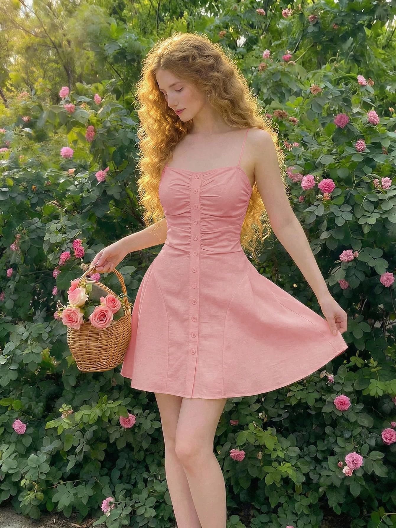 Skyraze Women's Solid Color Pleated Single-Breasted Camisole Mini Dress,Summer Dresses For Women,Dresses For Women Summer Picnic Soft Pink Elegant