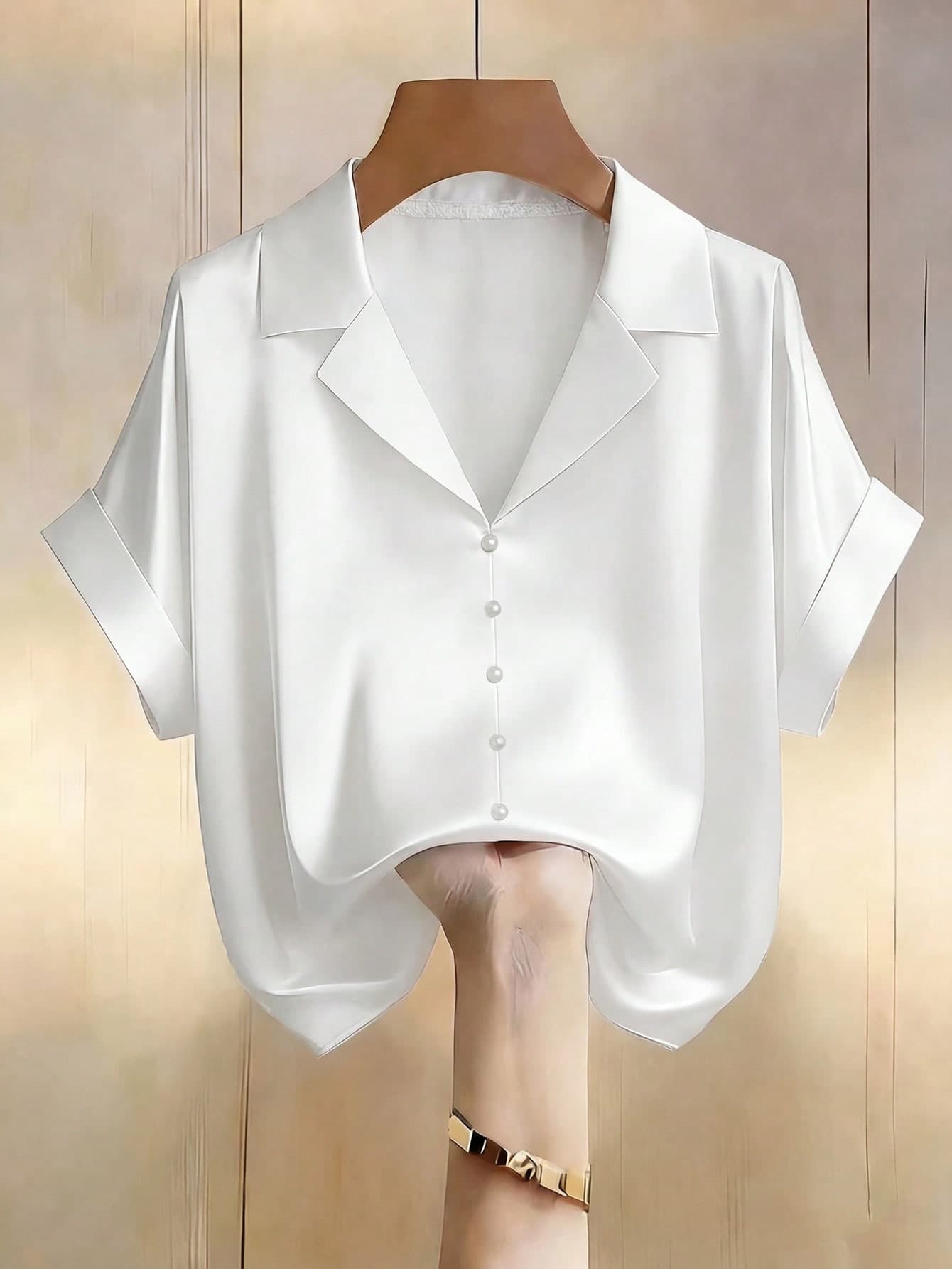 Franclia Women's Champagne Satin V-Neck Pearl Button Design Short Sleeve Blouse, Elegant For Spring/Summer