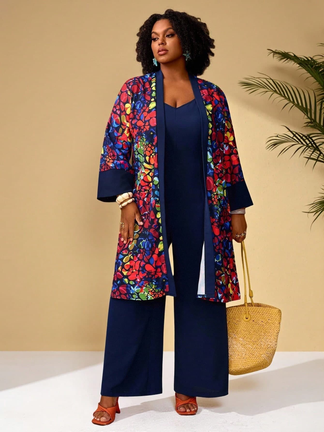 BrightlyHer Plus Size Women's Boho Floral Print Kimono Jacket & Navy Blue Jumpsuit With Pockets,2 Pieces Set For Autumn Vacation,Holiday & Early Spring Outfits