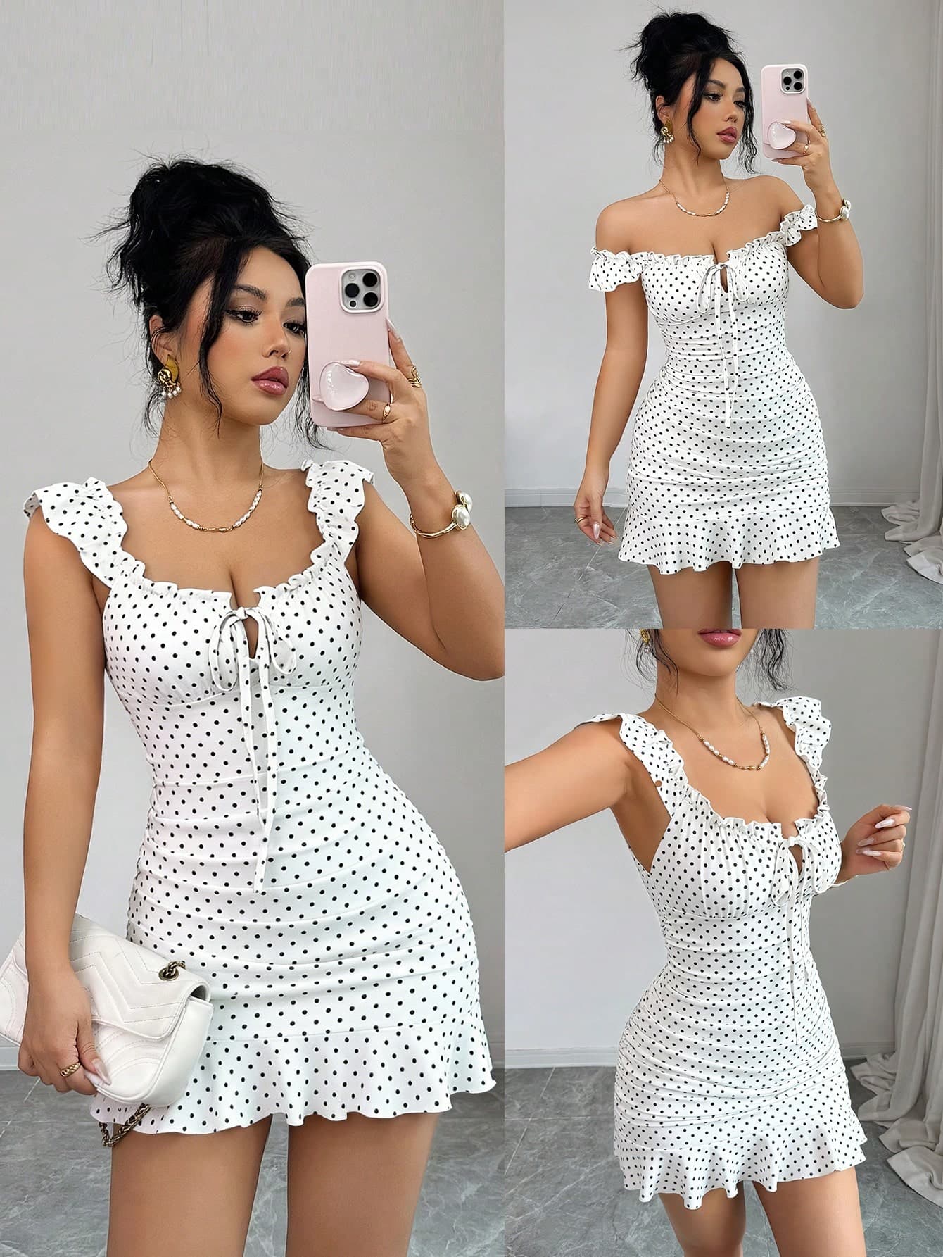 Selianne Vintage White With Black Polka Dots Off-Shoulder Ruffle Hem Cami Dress,Cute Fitted A-Line Summer Outfits For Women,Vacation Holiday Casual Dress