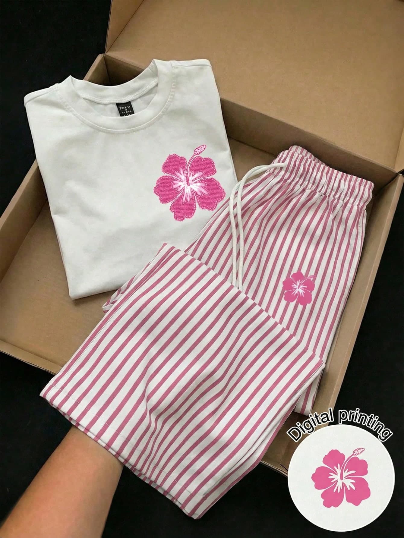 SHEIN EZwear 2pcs Women's Pink And White Short Sleeve Top And Pants Set, Summer Casual Tropical Everyday Holiday Outfit, Vacation Beach Home