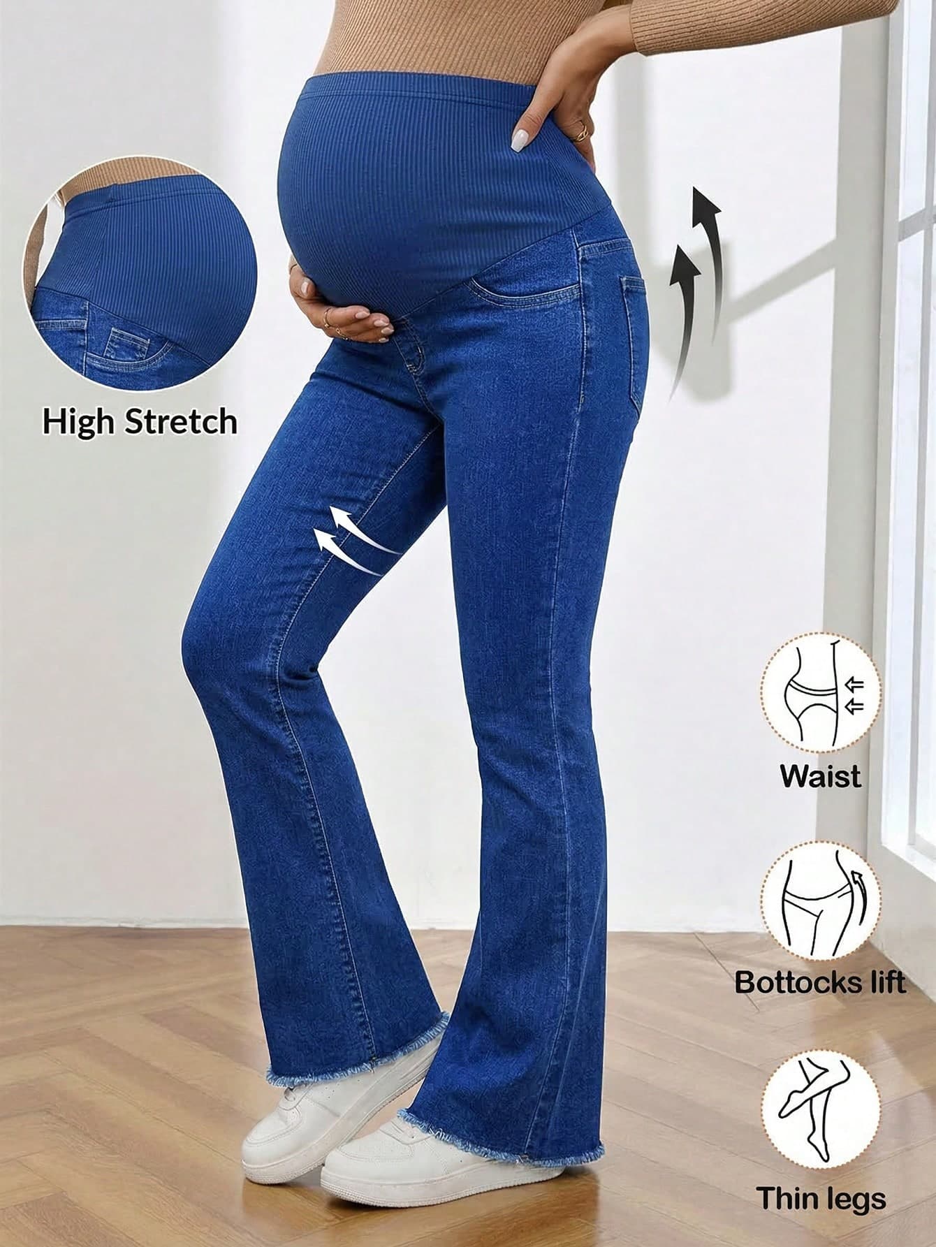 SHEIN Women's Maternity High Waist Flare Jeans Navy Blue,Winter,Casual,Everyday Belly Support Stretch Bell Bottoms Pants For Expecting Mothers Chic Street