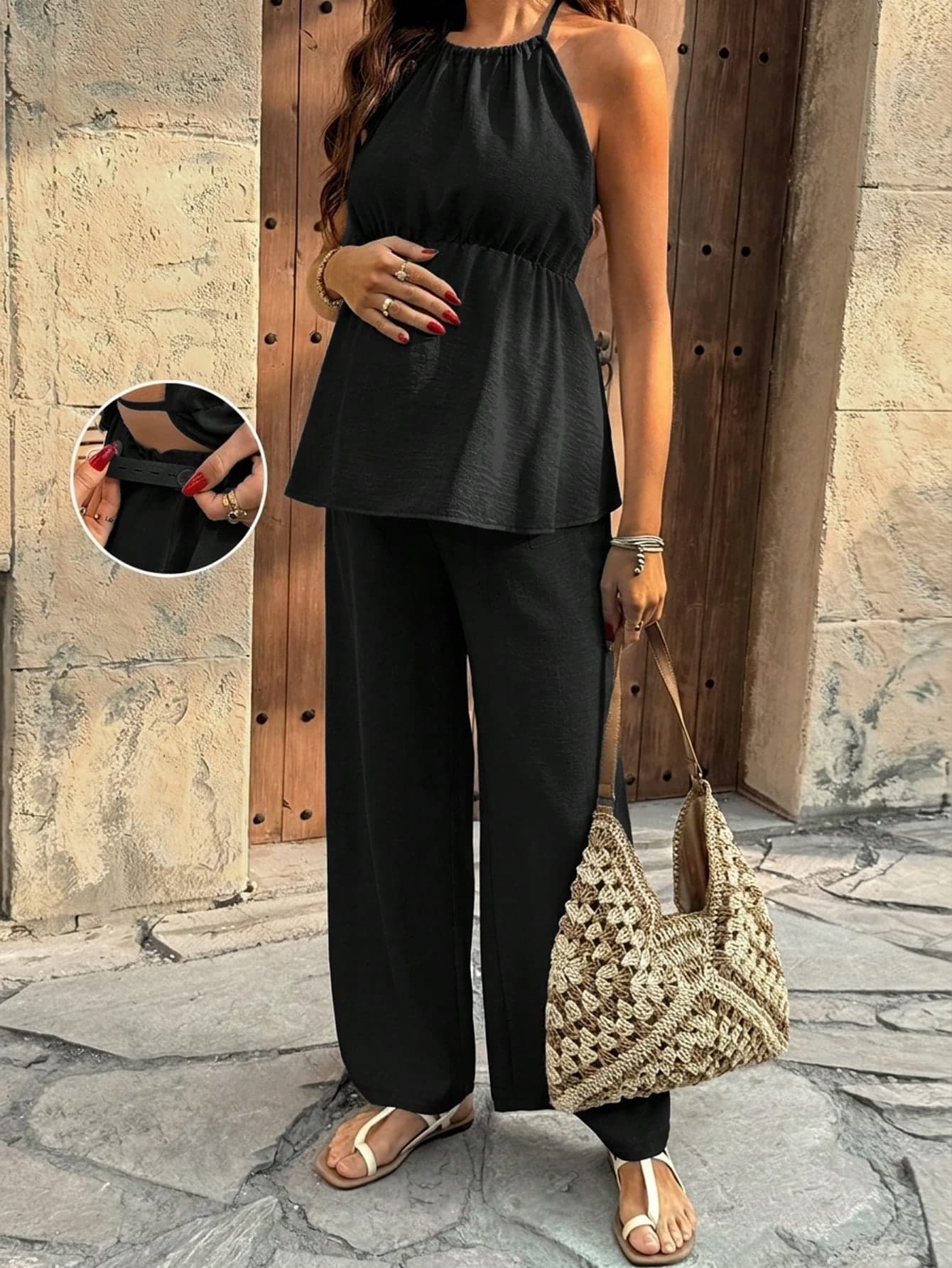 Lyckli 2pcs Maternity Summer Solid Color Halter Top And Pants Set Delivery Black