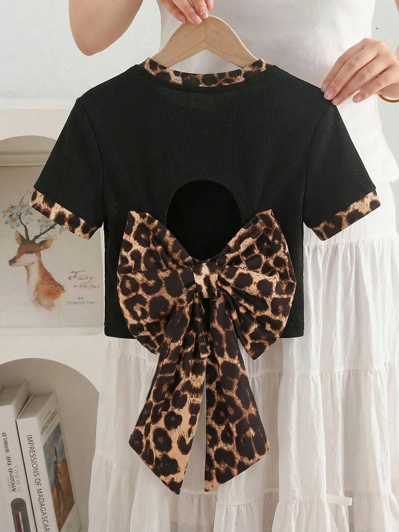 Young Girl Leopard Print Bow Decor Short Sleeve T-Shirt,Black Summer First Birthday Fitted Cropped Backless Fashionable French Y2K Sweet & Cool Style