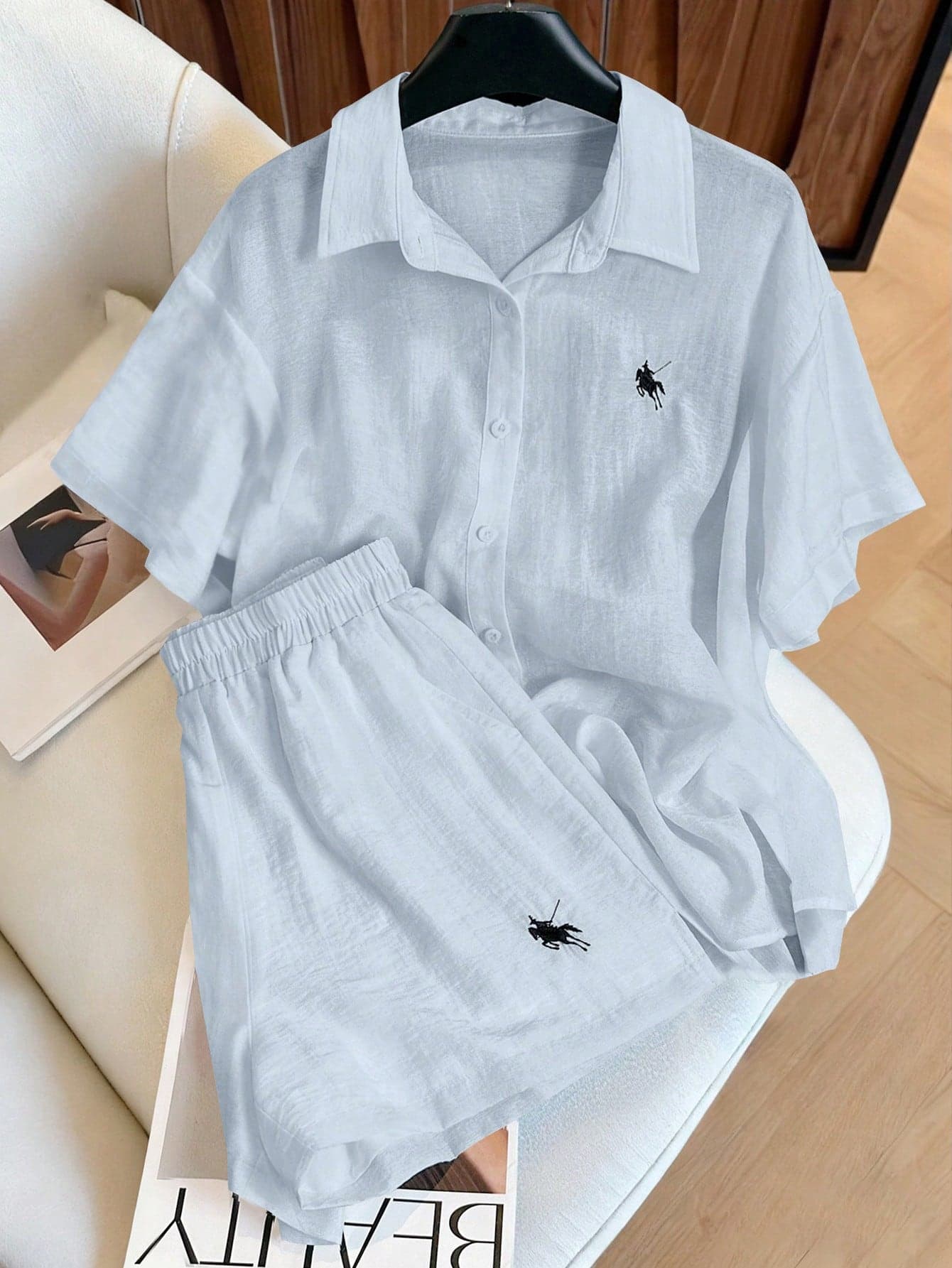 Resyla Women's Casual Single-Breasted Knight Print Short Sleeve Shirt And Pocket Shorts Set