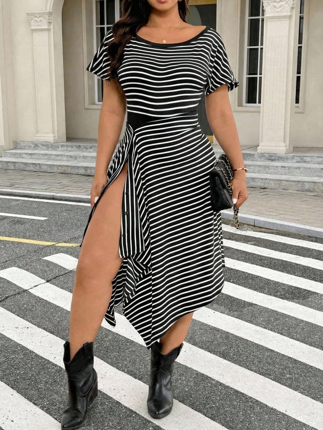 Calvaya Plus Size Women Black And White Striped Jumpsuit With Detachable Skirt,Waist Cinching Color Blocking Front Open 2 Pieces Summer Smart Casual Everyday