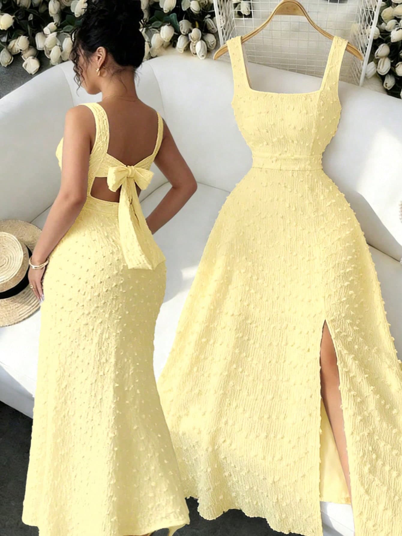 Elenzga New Sleeveless Square Neck Textured Knit Dress With Open Back Bow Tie Design, Elegant Fitted Party Dress
