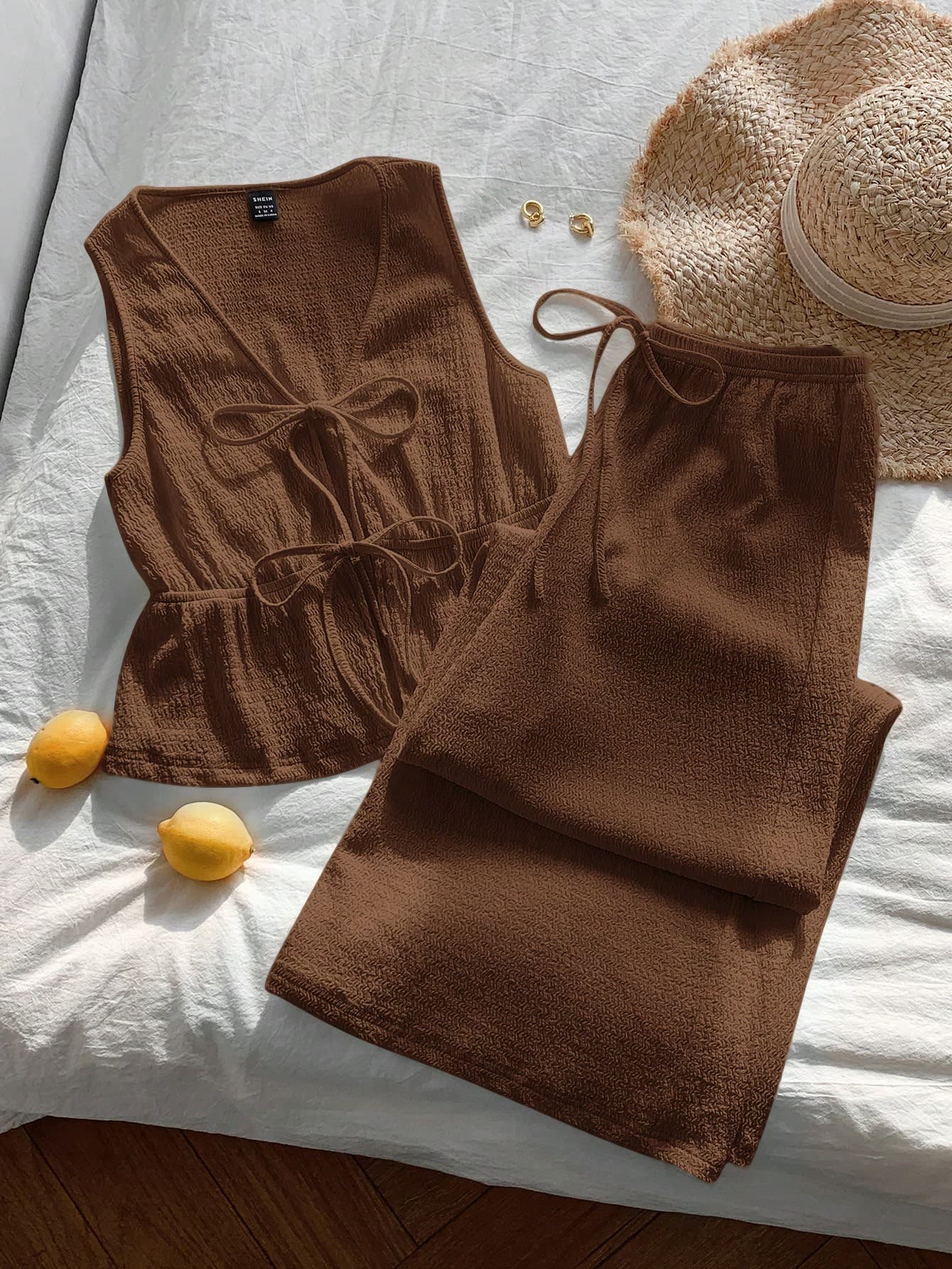 Comfortcana Brown Lace-Up Vest And Pants Women's Casual Suit,Vacation Outfits Women