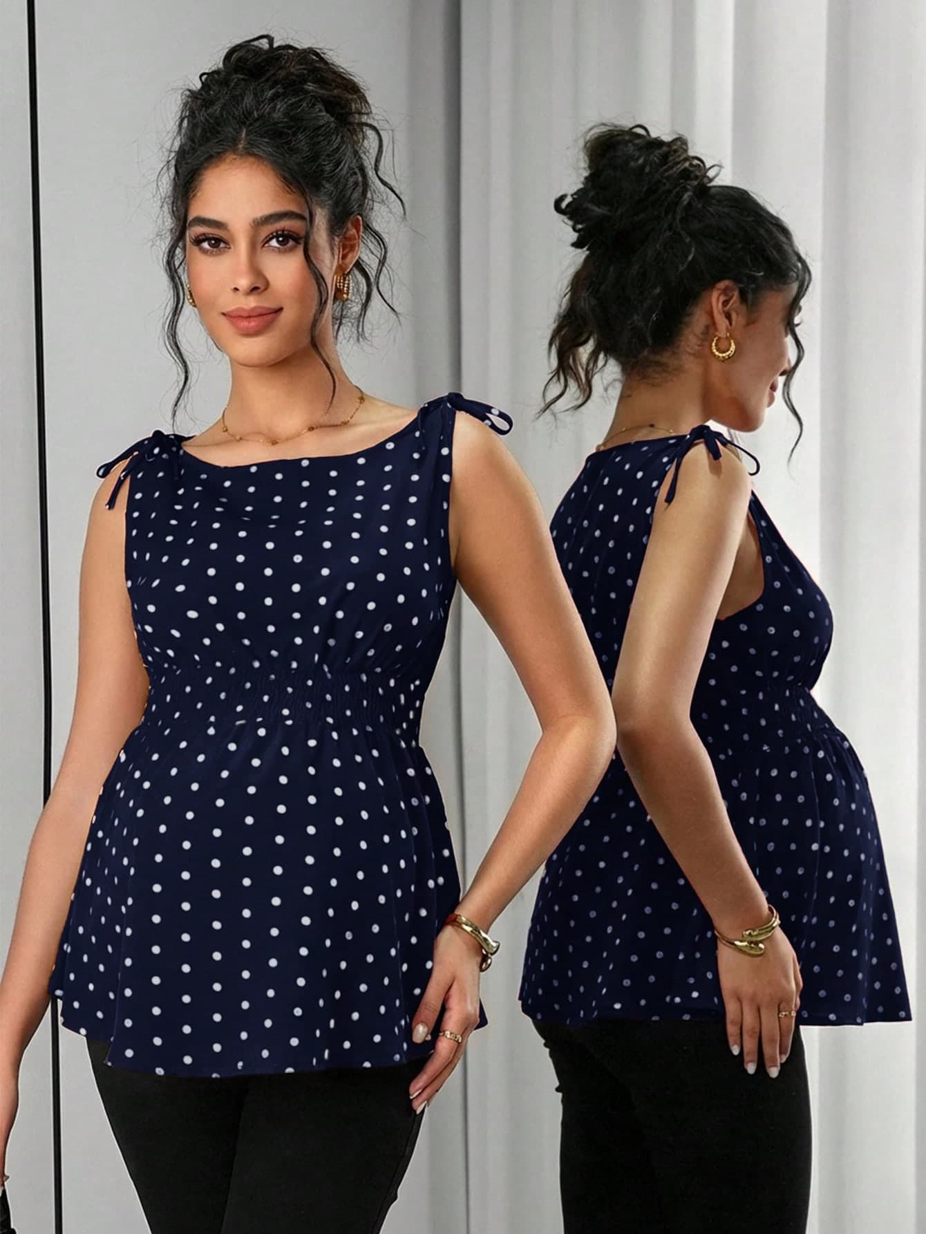 Momance Maternity Polka Dot Print Tie Shoulder Casual Tank Top