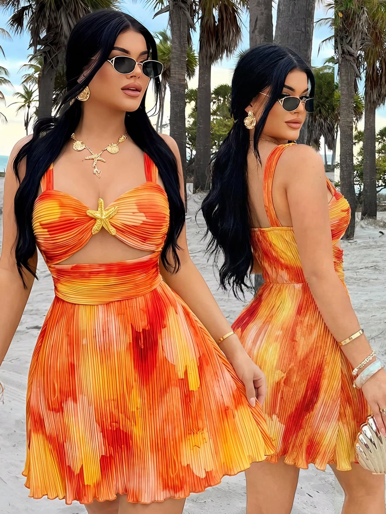 SHEIN SXY Women's Tie-Dye Metal Starfish Decor Hollow-Out Mini Dress,Golden Yellow,Summer,Casual,Elegant,Beach,Holiday,Vacation,Holiday,Hawaii & Brunch Outfits