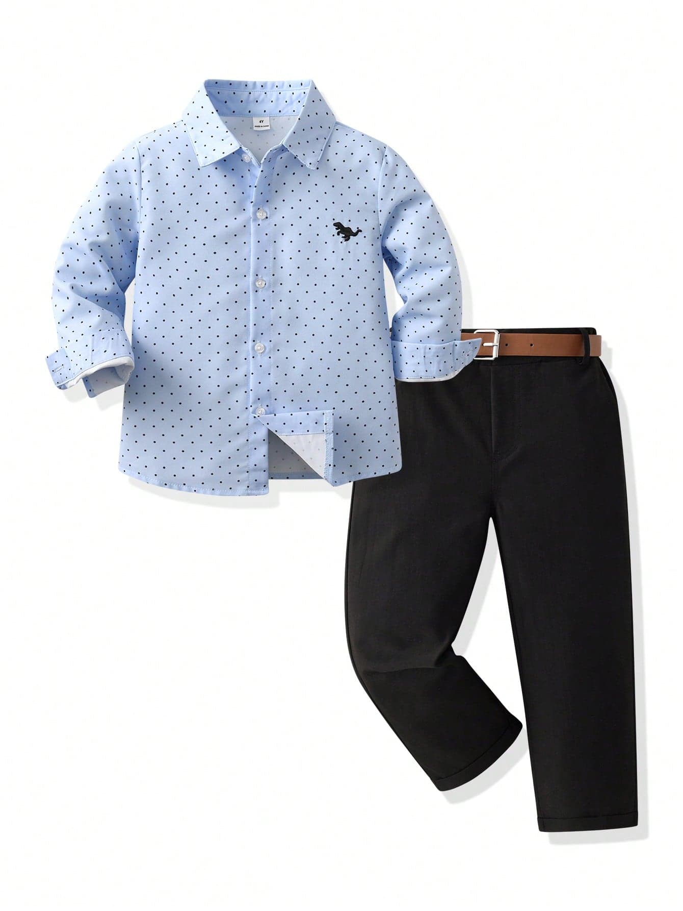 SHEIN 2pcs Young Boy Gentleman Set,Polka Dot Long Sleeve Shirt And Suit Pants,Family Matching,Back-To-School,Formal Wedding Birthday Party Outfit
