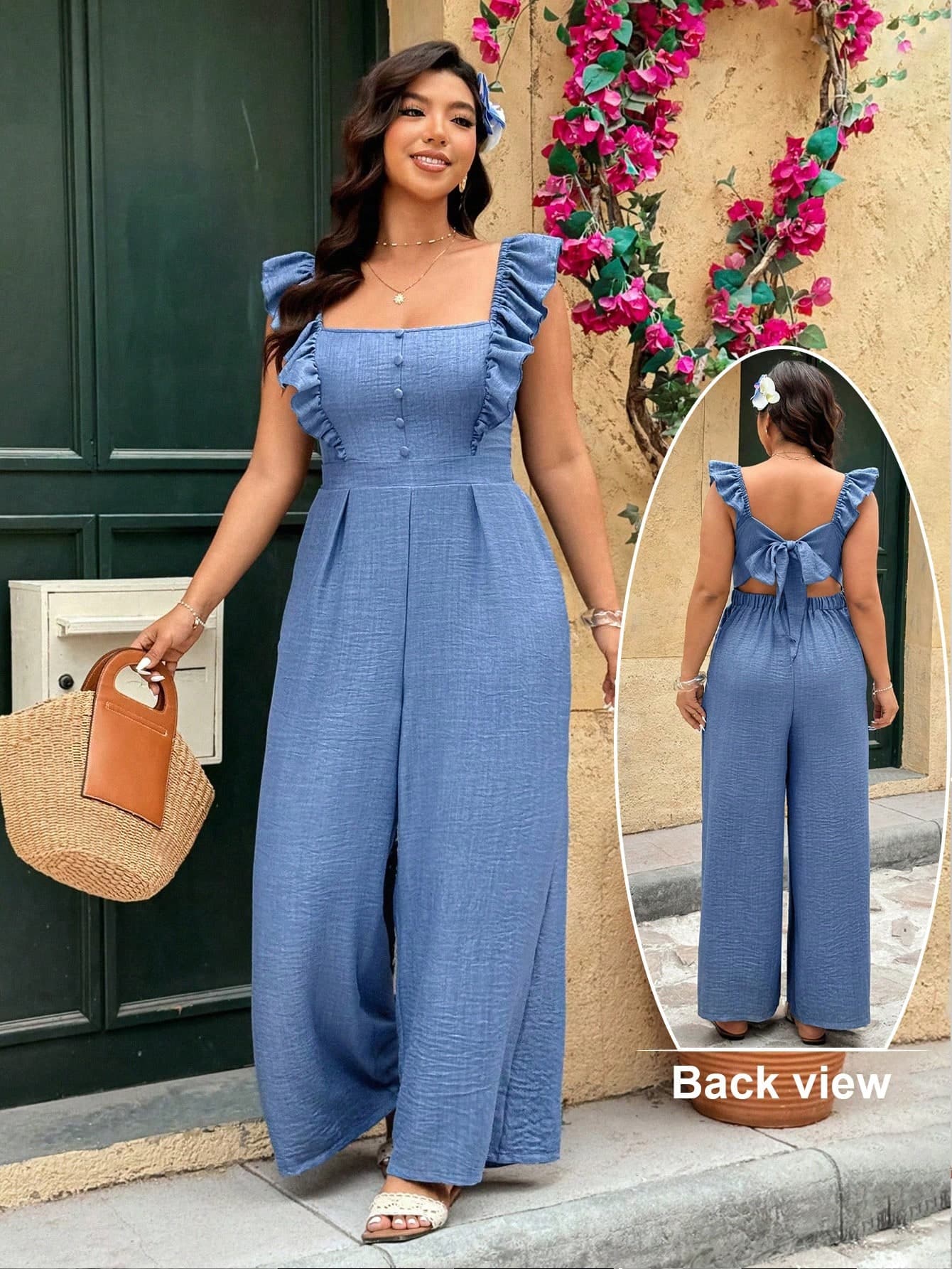 Breezaya Plus Size Women's Square Neck Flutter Sleeve Buttoned Backless Bowknot Elegant Jumpsuit With Pockets,Dusty Blue,Summer,Boho,Picnic,Holiday Outfit Set