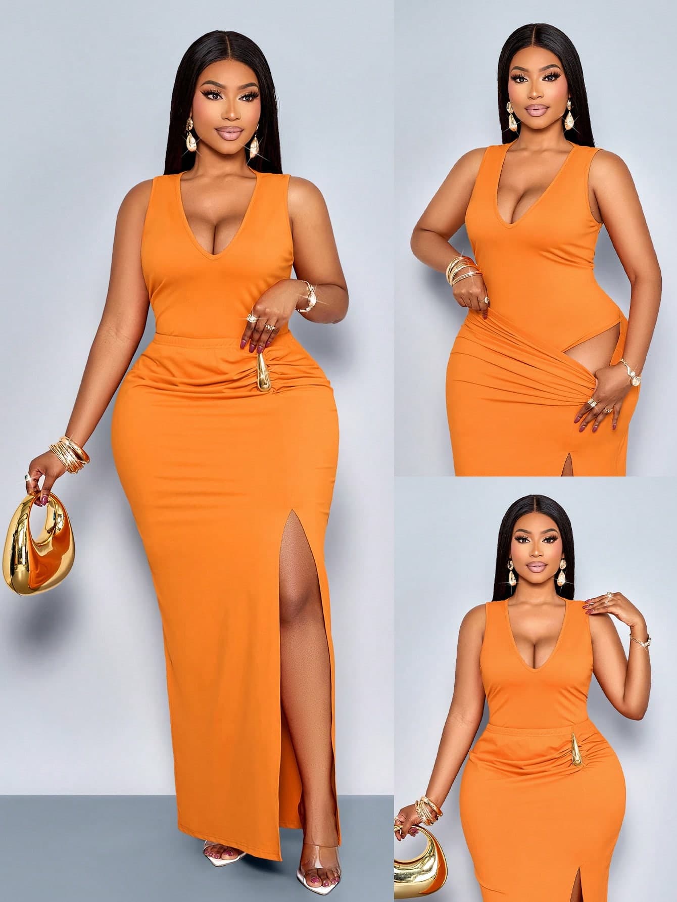 SOLERSUN Plus-Size Women's Orange Summer Classy Night Out Club V-Neck Sleeveless Bodysuit & Metal Buckle-Decor High-Slit Skirt Two Pieces Set,Shopping,