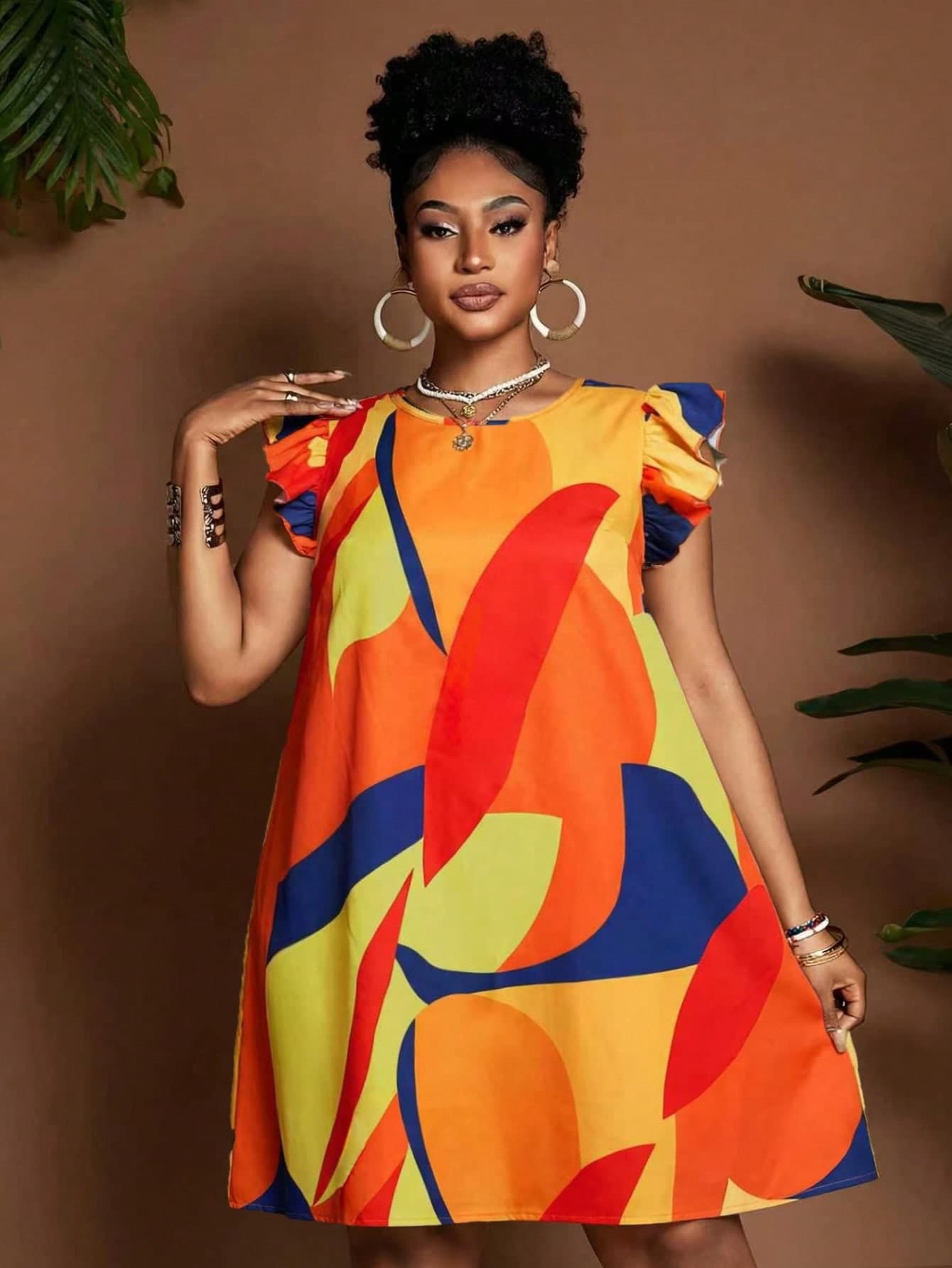 Maweii Plus Size Orange Summer Elegant Vacation Holiday Floral Print Dress,Women's Colorful A-Line Round Neck Flare Sleeve Loose Casual Fashion Design