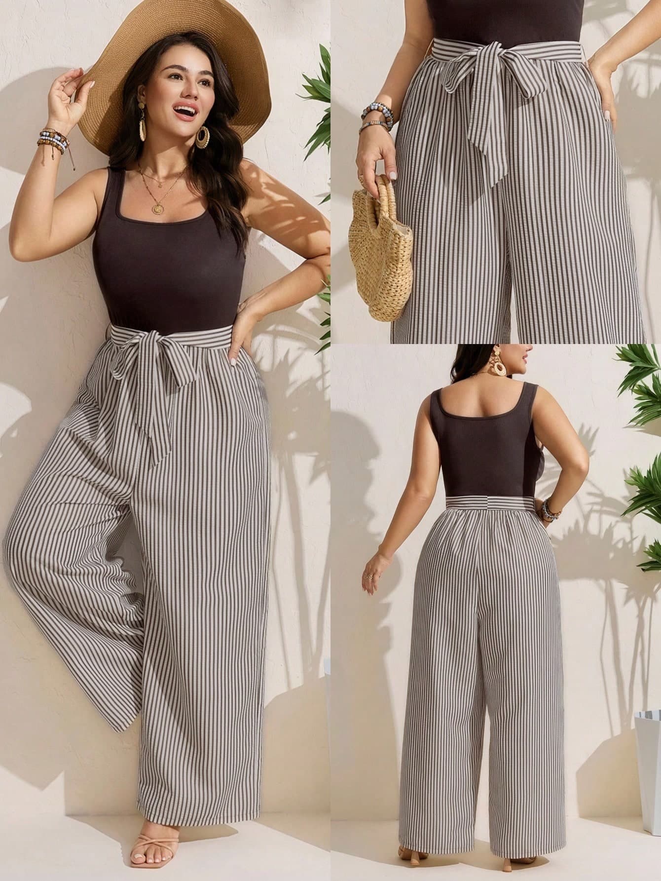 Comfylo Plus Size Black And White Striped Patchwork Sleeveless Jumpsuit,Women Summer Boho Vacation Holiday Outfit Sets,High Waist Wide Leg Pants Casual Outfit