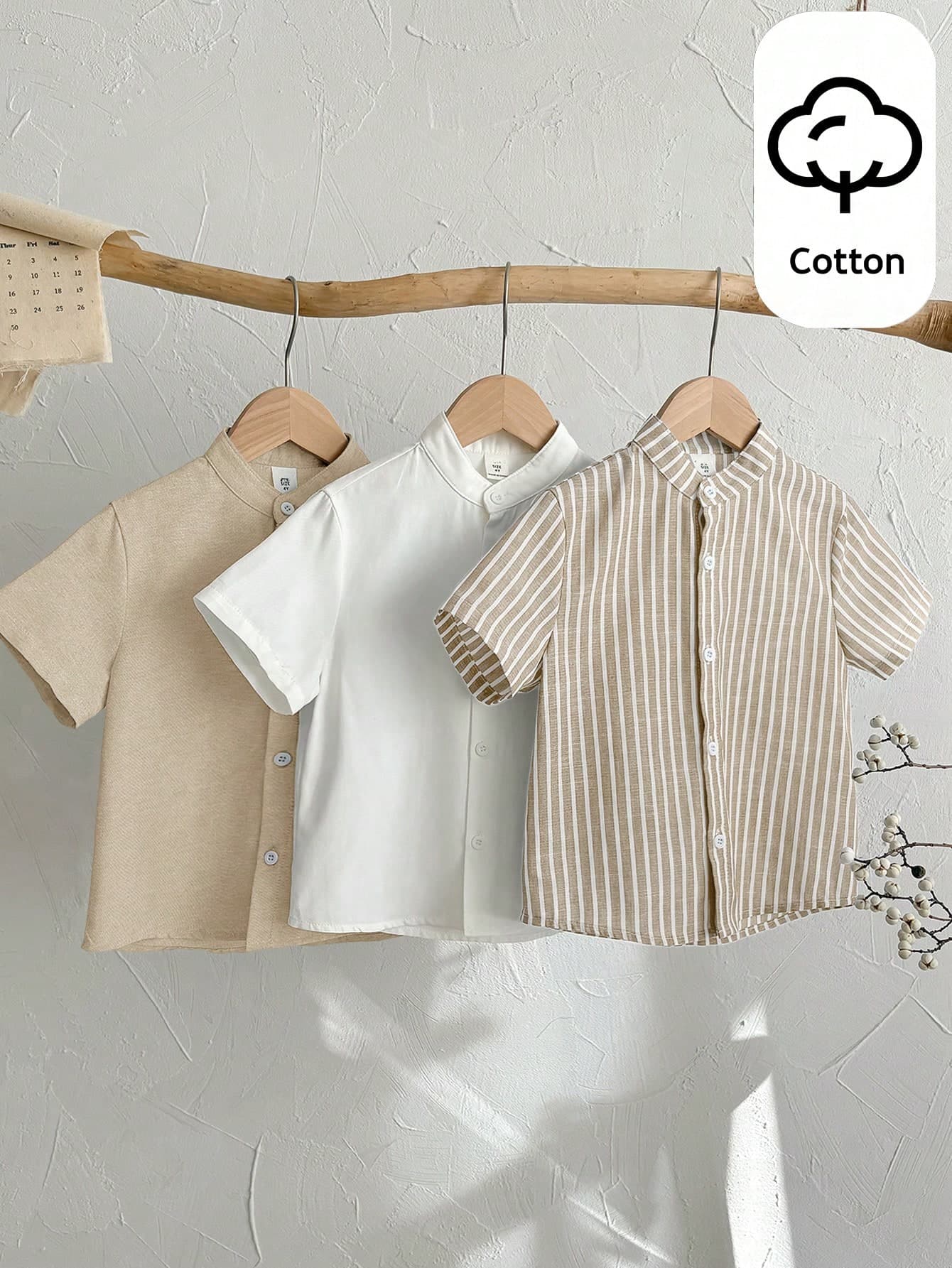 SHEIN 3pcs/Set Young Boys' Casual Striped Collar Short Sleeve Woven Shirts For Summer,Matching Family Vacation,Daily Wear,School,Holidays,Photoshoots