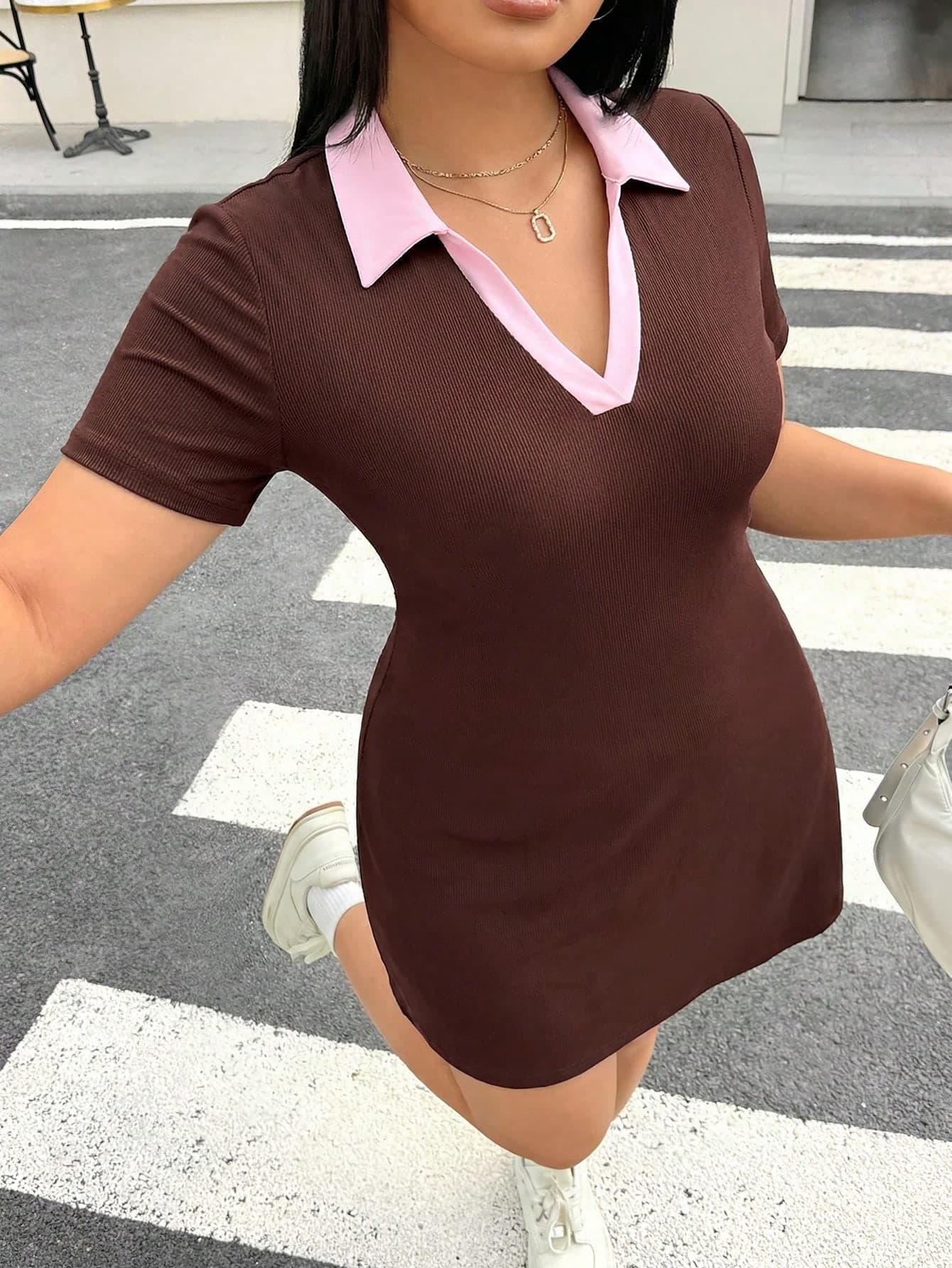 Muchica Plus Size Women Casual Business Casual Contrast Color Collar Dress Back-To-School Graduation Pink Summer