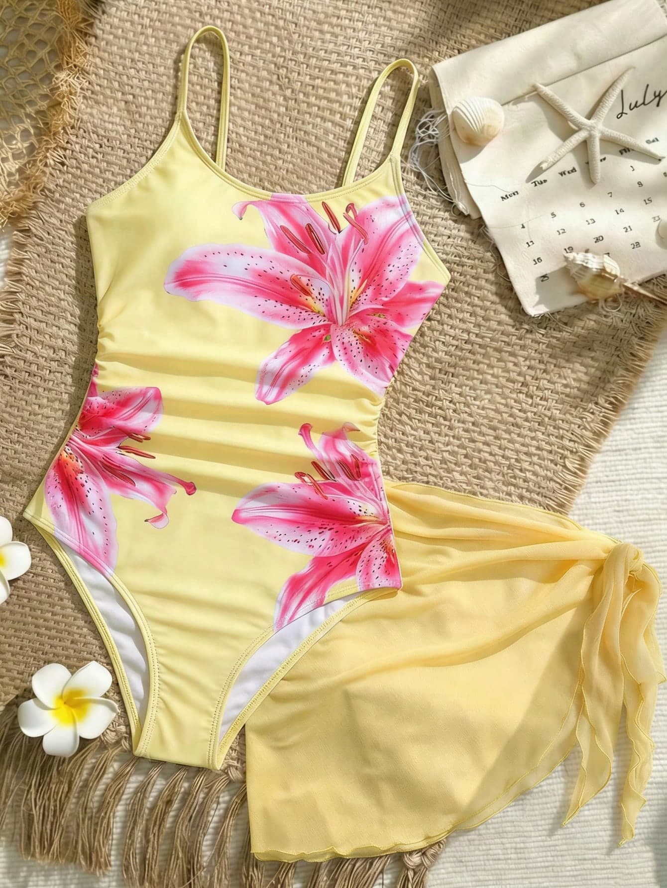 SHEIN Teen Girl Yellow Floral Print Spaghetti Strap Bikini 2-Piece Swimwear Set With Cover Ups,Fashion Tankini For Summer,Beach,Holiday Vacation Ss26 New