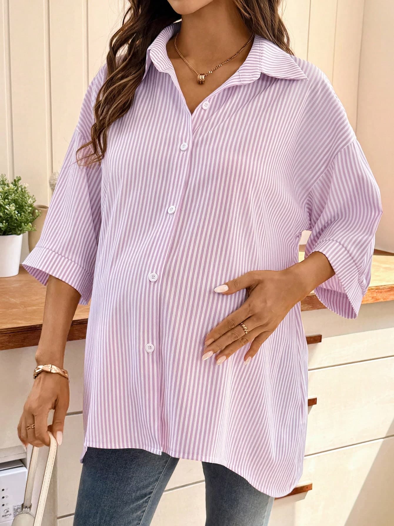 SHEIN Maternity Striped Drop Shoulder Single-Breasted Casual Loose Shirt