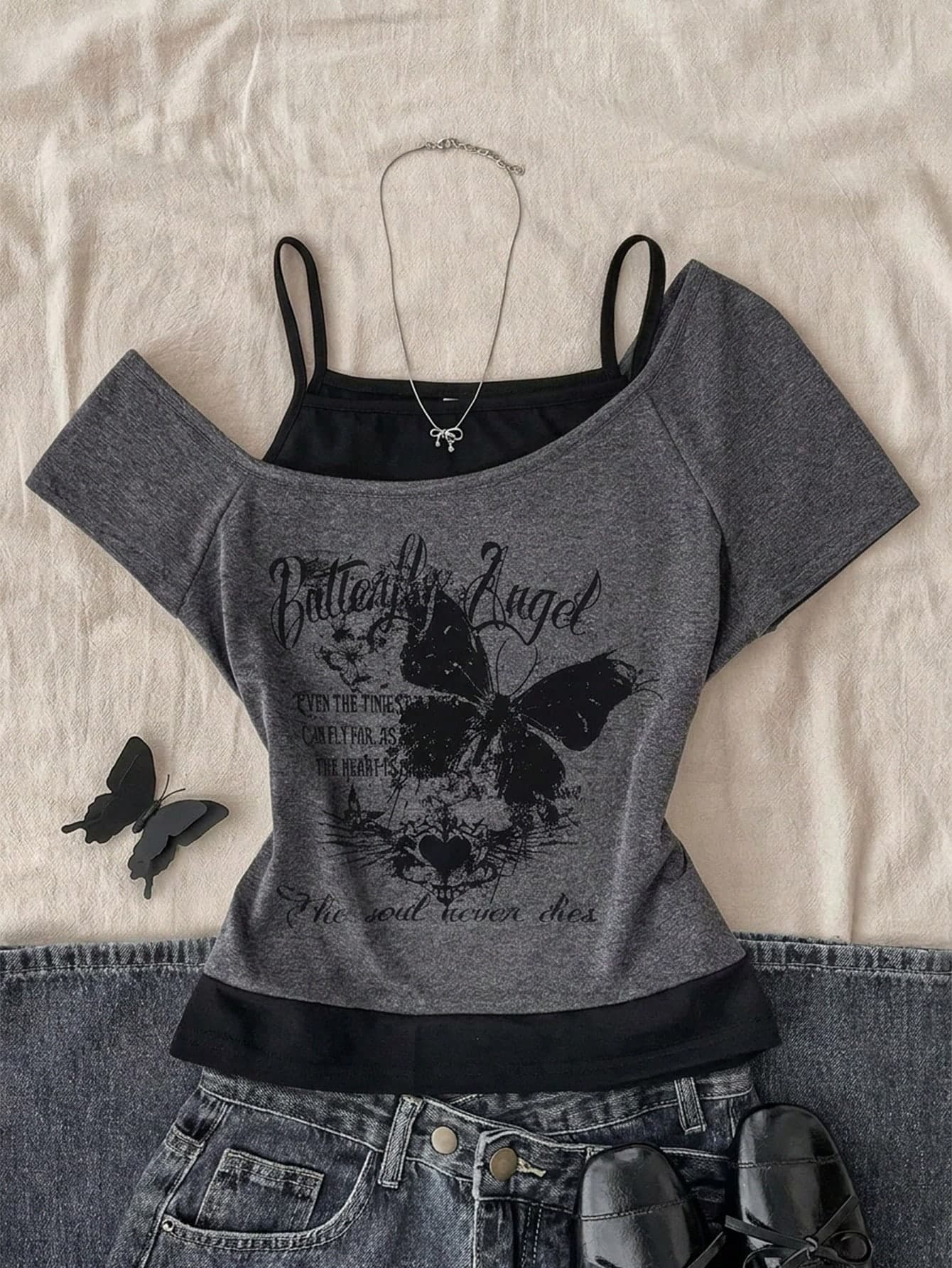 Teen Girl Casual Retro Print 2 In 1 Short Sleeve T-Shirt
