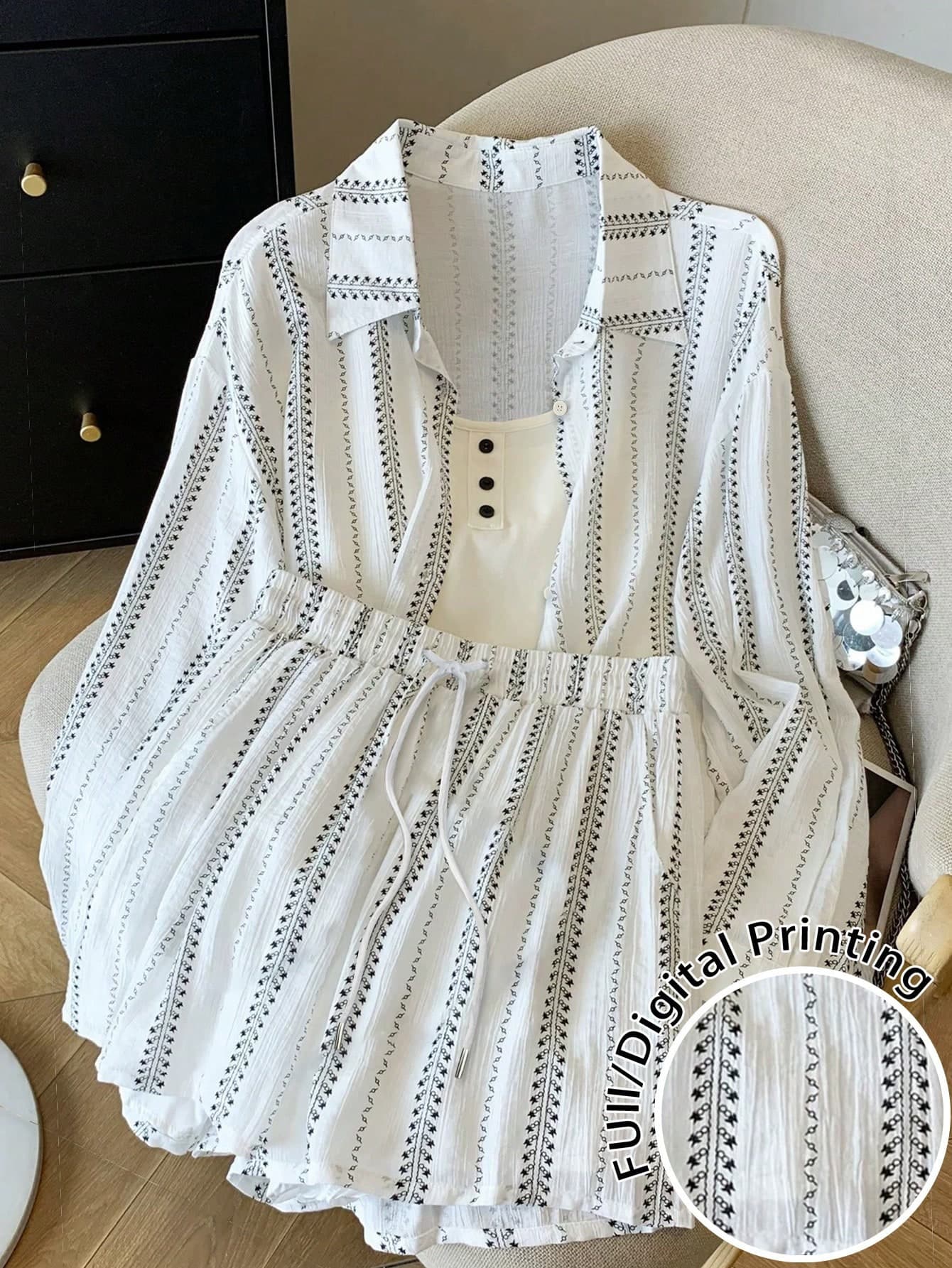 Resyla Loose Regular Chiffon Drop Shoulder Long Sleeve Shirt + Shorts Set