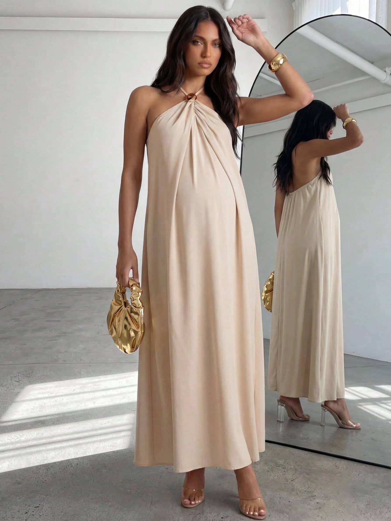 MaterniChic Maternity Clothes Dress Summer Pregnant Apricot-Colored With Halter Neck And Metal Buckle;Comfortable Elegant Backless