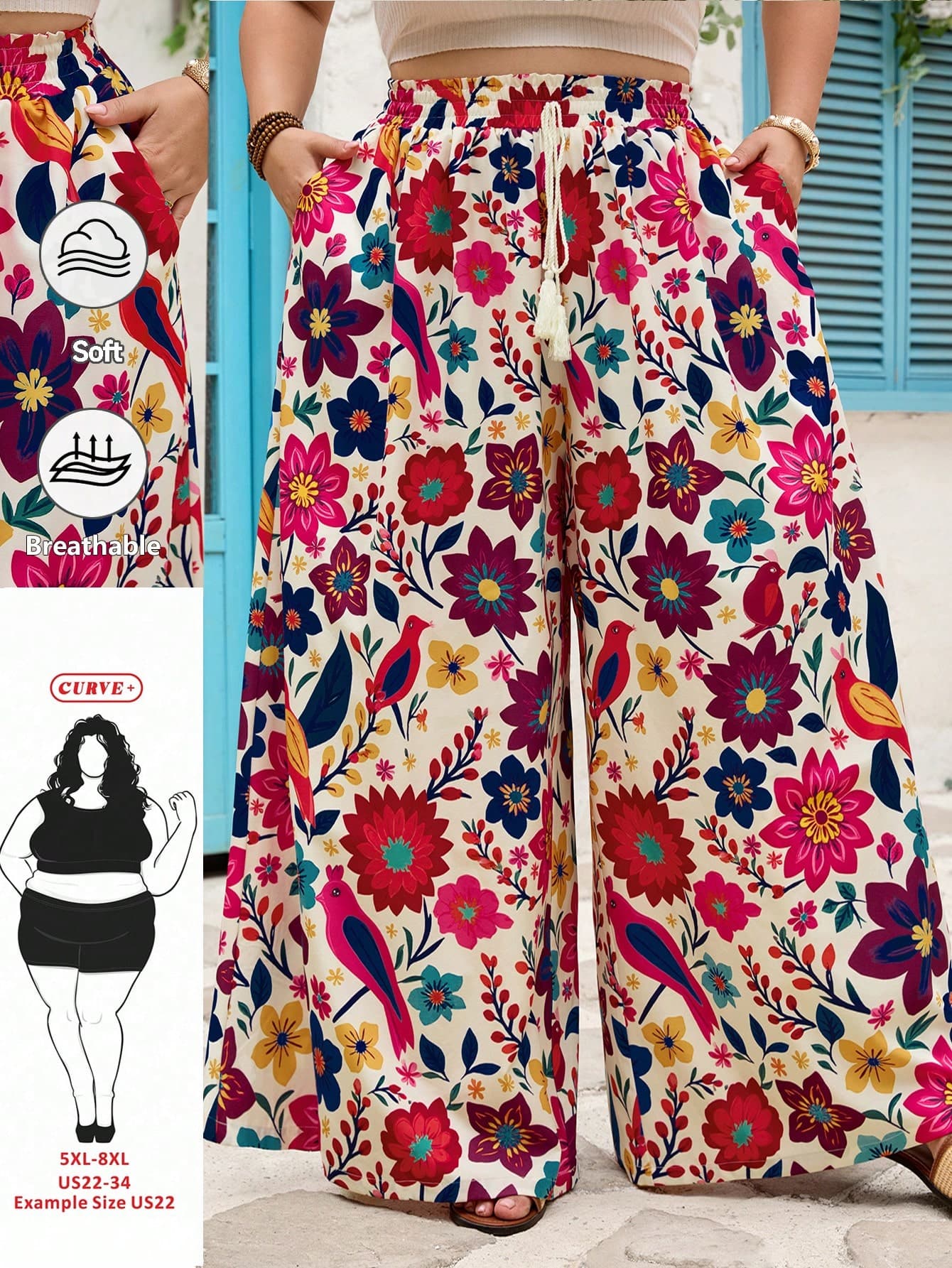 SHEIN CURVE+ Plus Size Women's 2026 New Floral Print Pattern Tassel With Loose Wide Leg Summer Vacation Casual Pants Bohemian Vacation, Pocket Pants
