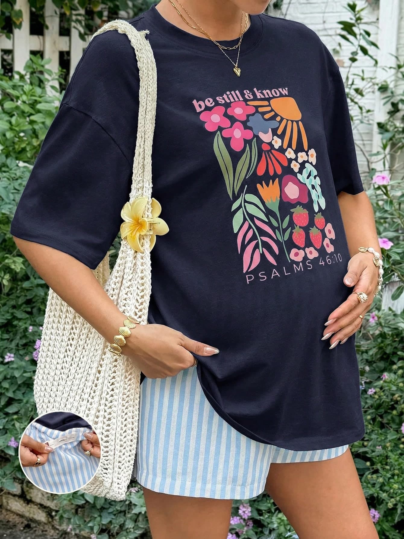 Lyckli 2pcs/Set Maternity Casual Floral Print Round Neck Drop Shoulder T-Shirt And Striped Shorts, Summer