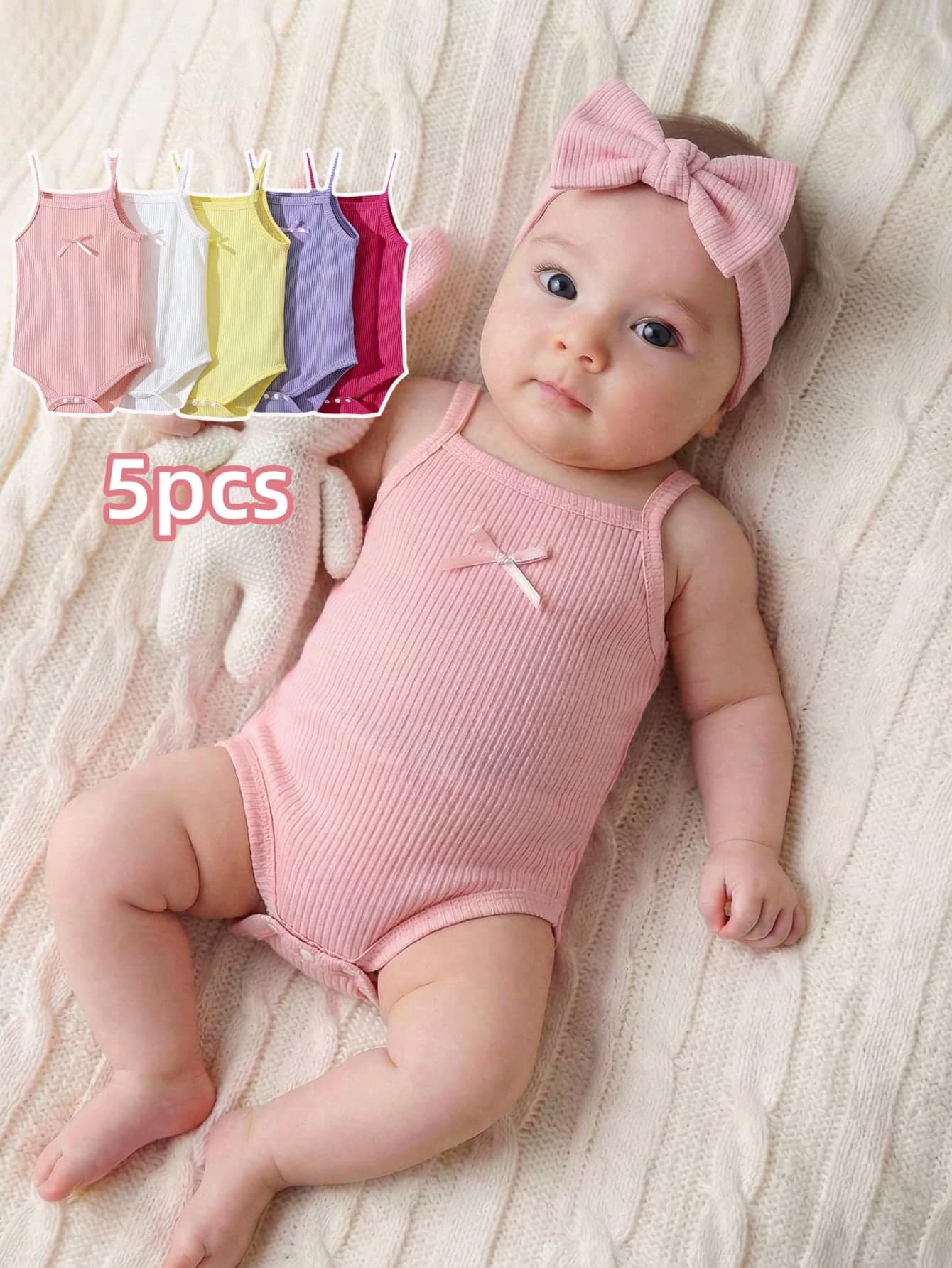 SHEIN Playful Pals 5pcs/Set Baby Girl 0-3Y Casual All-Match Versatile Solid Color Ribbed Knit Romper Bodysuit Set