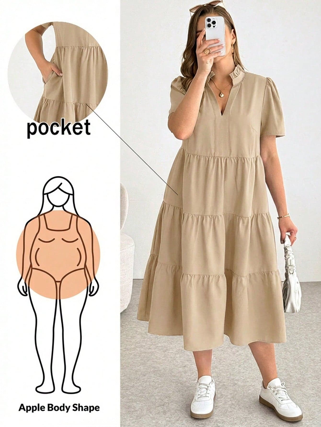 Shapeblank Plus-Size Women's Khaki Summer Casual Everyday Loose Comfortable Short-Sleeved Midi Dress,Fashion Elegant Versatile Basic Pocket Dress Outfits