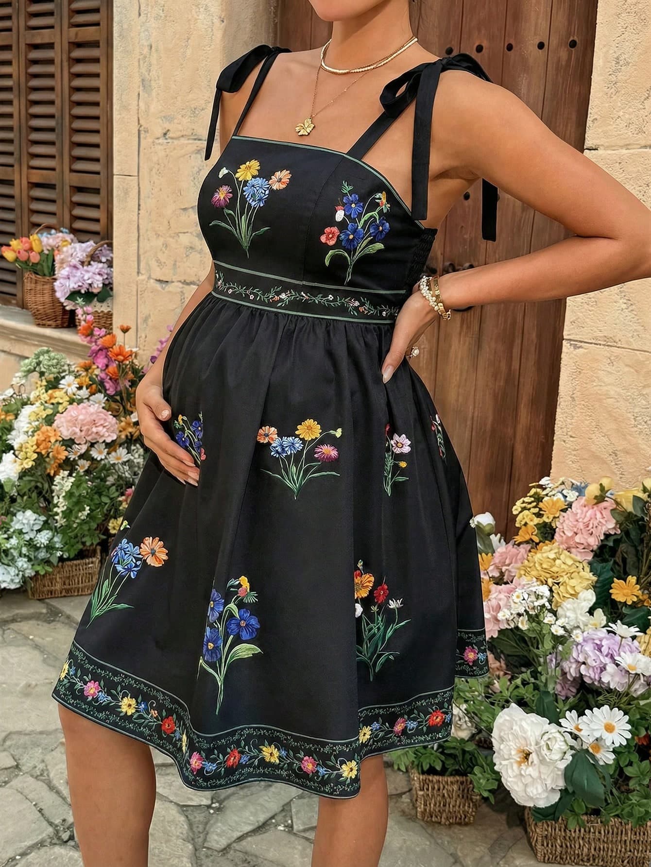 SHEIN Maternity Summer Beach Vacation Floral Print Tie Shoulder Cinching Waist Dress