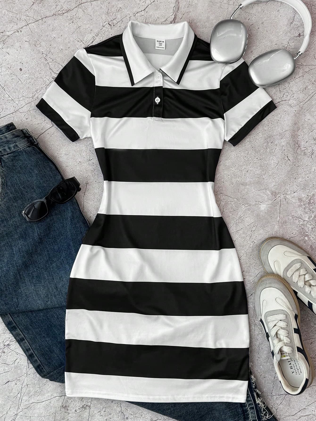 Teen Girl/Teen Girls' Casual School Style Collared Black & White Striped Snug Fit Dress