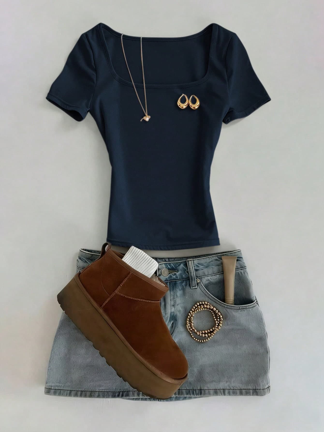 SHEIN Navy Blue Square-Neck Short-Sleeve T-Shirt,Chic Elegant Everyday Summer Casual Minimalist Style Top,Perfect Gift For Mom,Sisters Mother's Day Wear