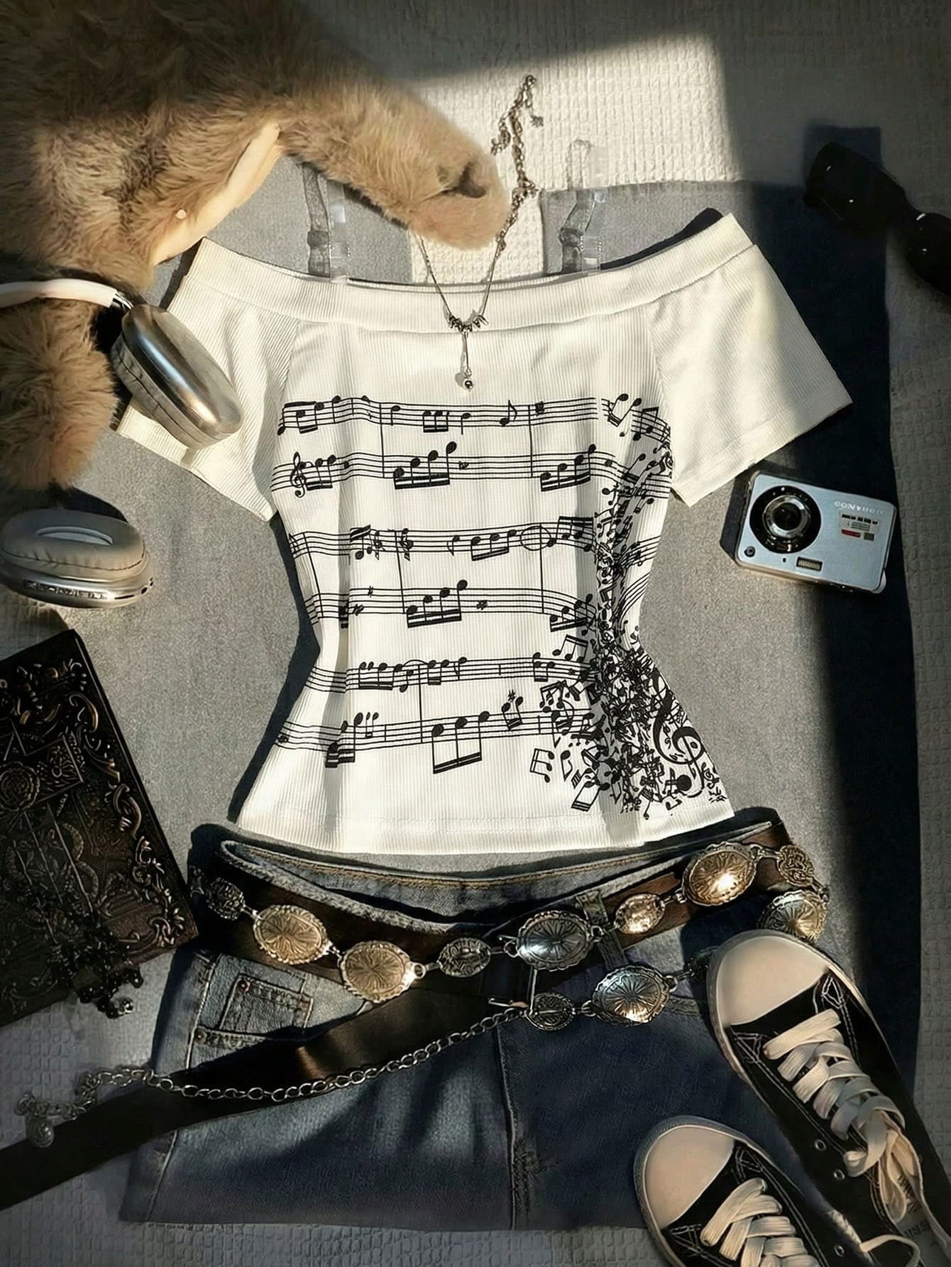 SHEIN White,Summer,Elegant,City Break Vintage Off-Shoulder Short Sleeve Top For Teenage Girls,Music Note Print Fitted T-Shirt,Striped Retro Y2K,Casual
