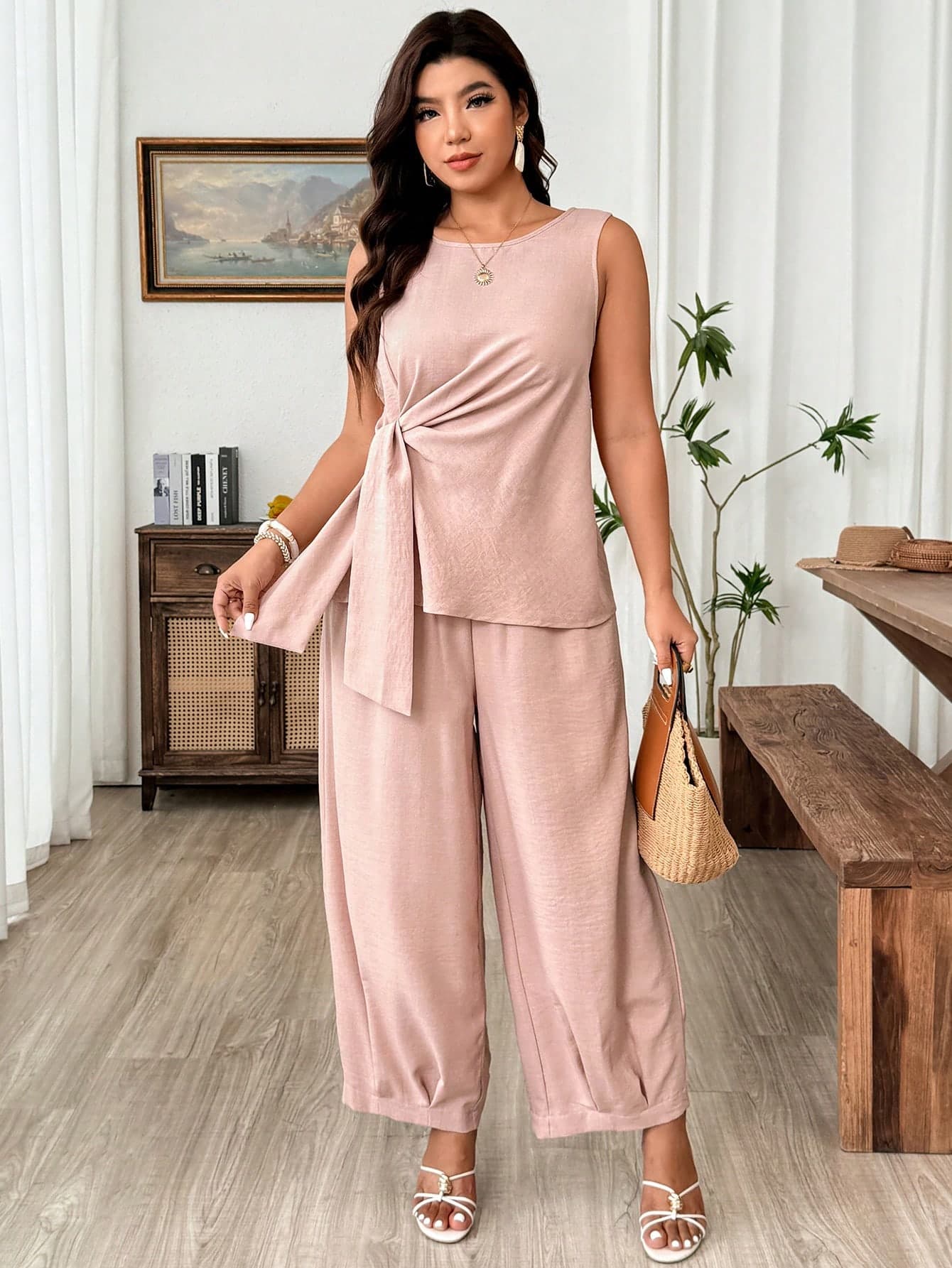 SHEIN LUNE Plus Size Summer Casual Asymmetrical Tie-Up Design Sleeveless Jumpsuit 2 Pieces Set Gym Brown