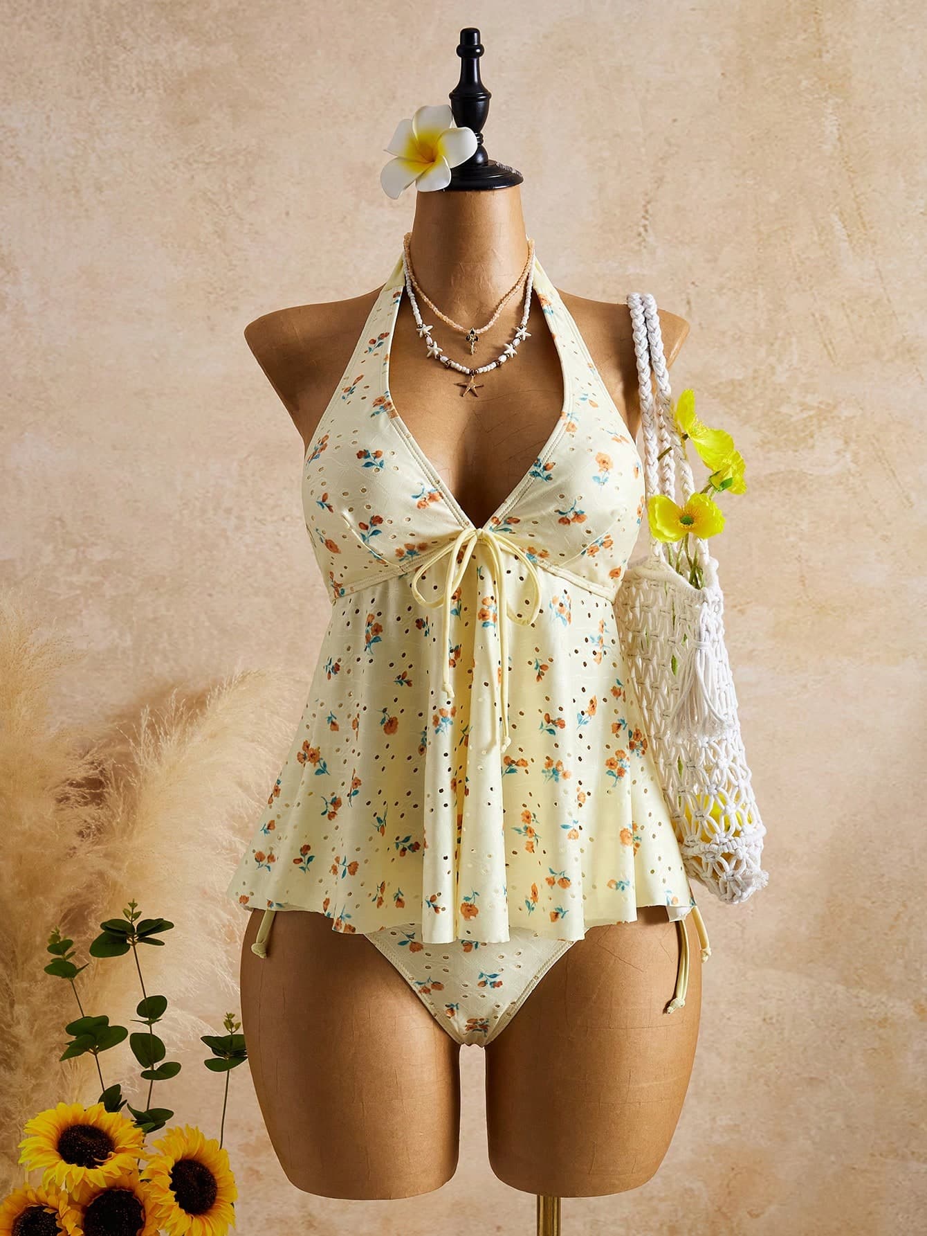 Bellisia Women's Relaxed Polka Dot Camisole Bikini Top,Cream Summer Flowy Tropical Beach Holiday Vacation,Bohemian Vintage Bathing Suit Swimwear Yellow