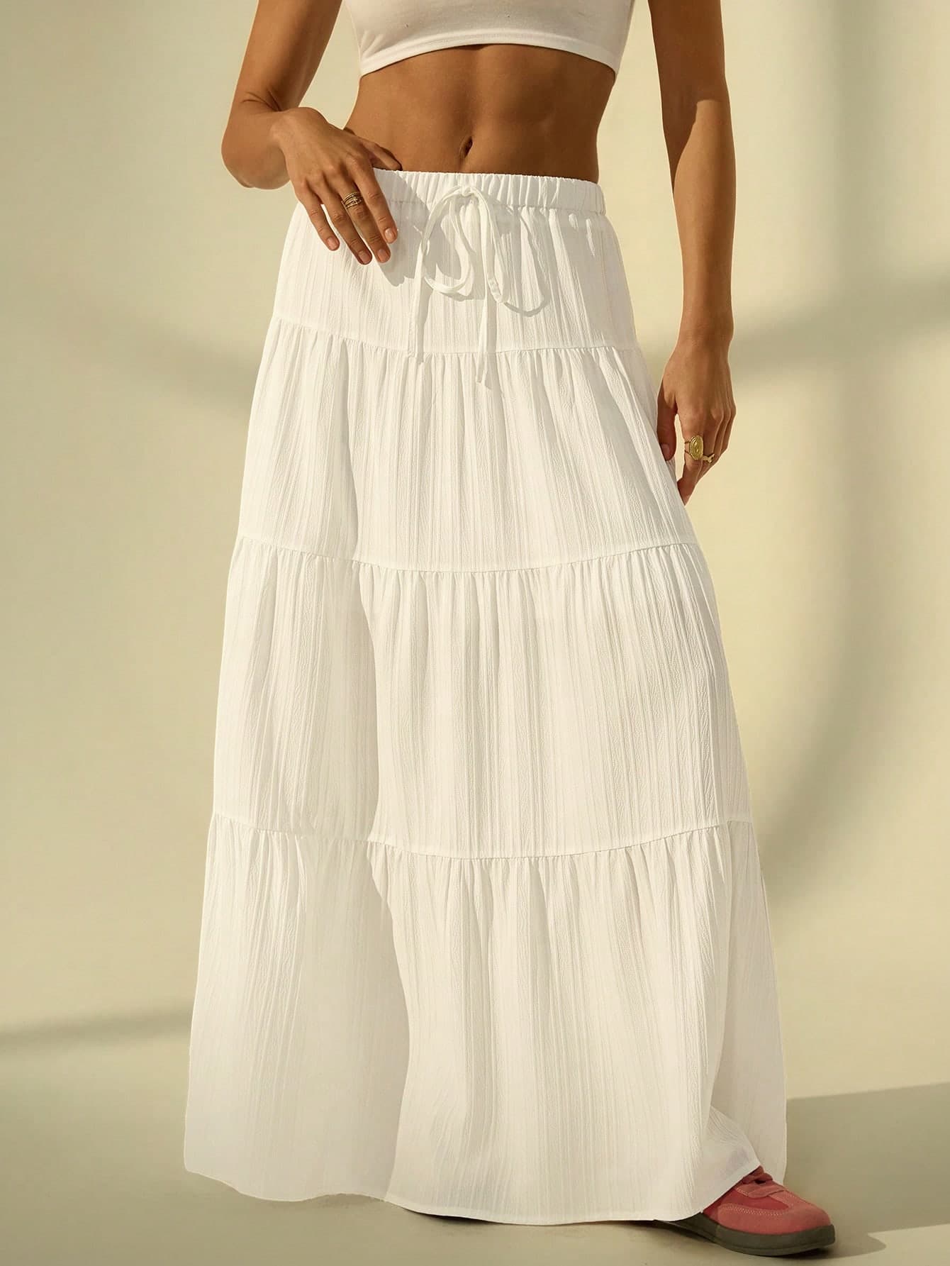 SHEIN Tall Women's Solid Color Waist Tie Ruffle Hem Casual Skirt, Tall Women