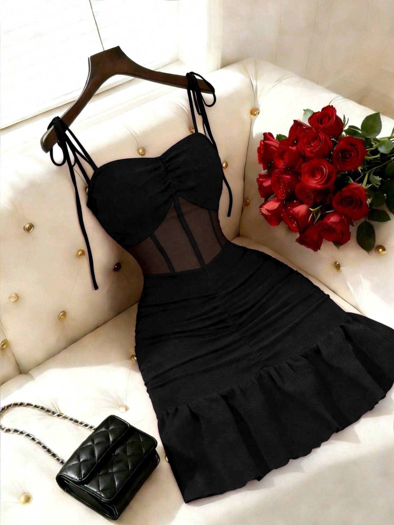 GlowEve New Arrival Spaghetti Strap Knit Patchwork Mesh Elegant Mini Dress For Dates Night Out Parties Black Summer