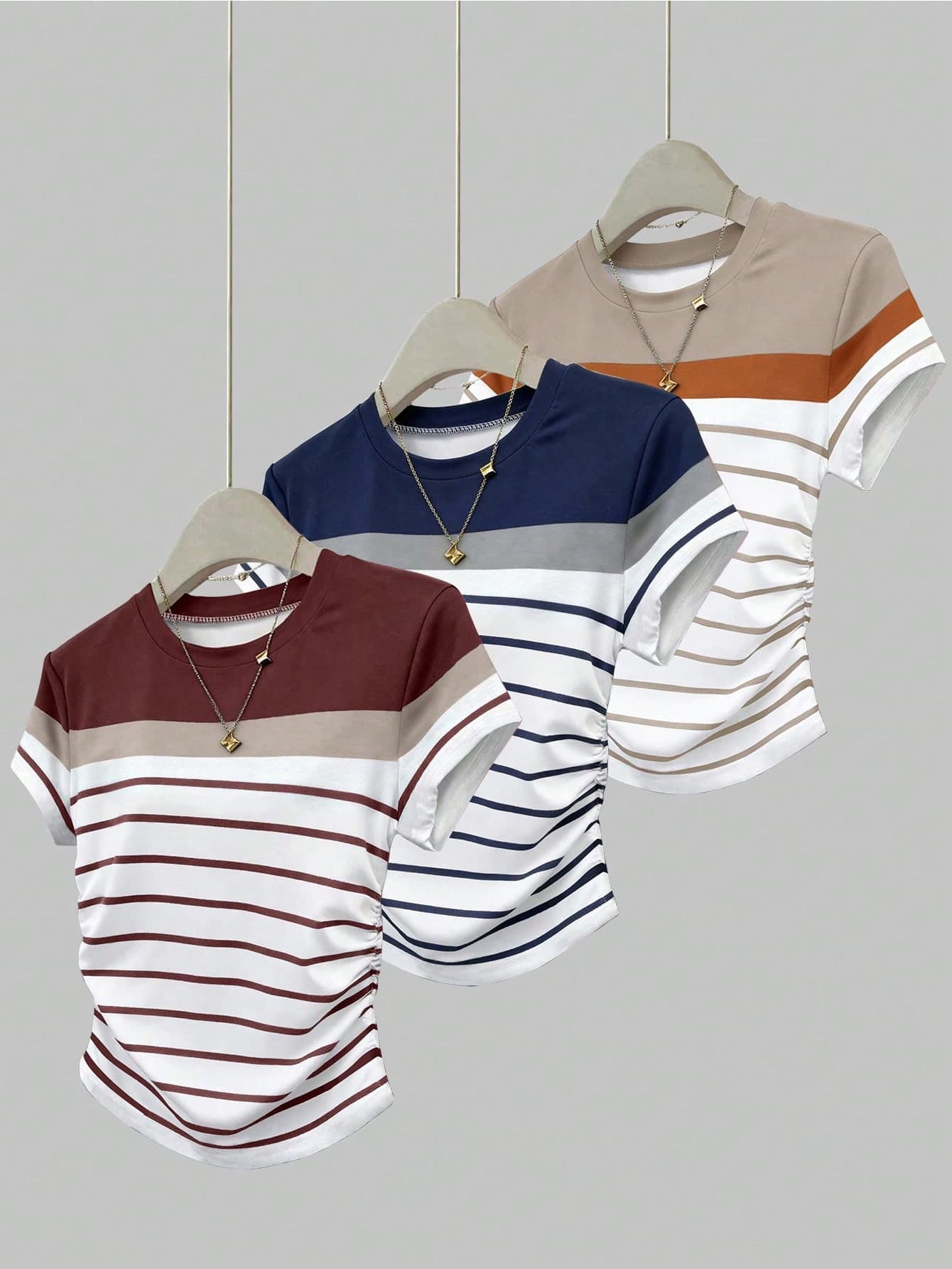 SHEIN 3pcs Women's Summer Outdoor Casual Sports Tops, New Arrival, Striped & Floral Print, Suitable For Back To School, Teacher's Day