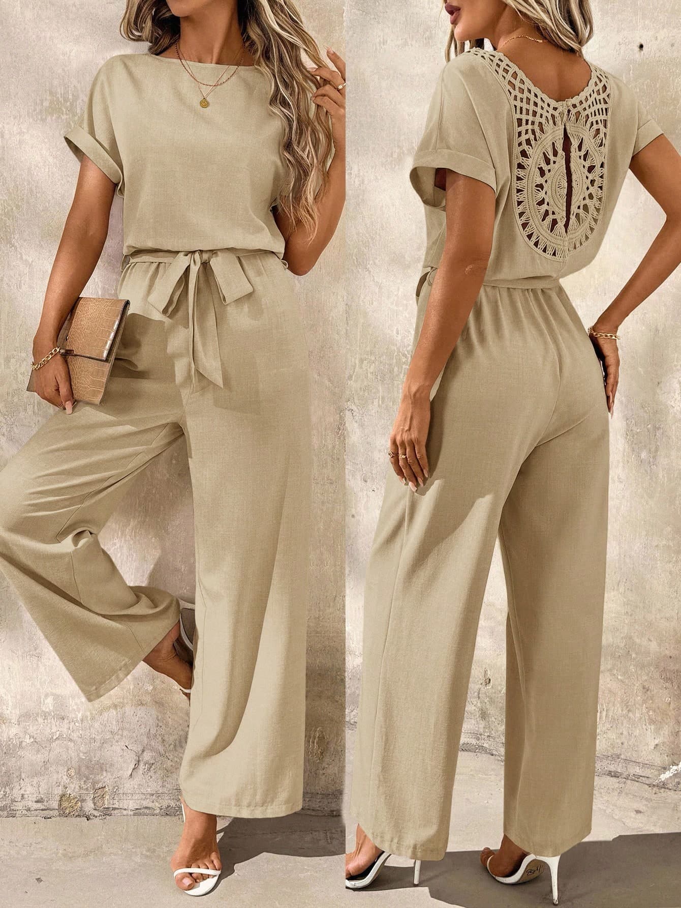 SHEIN Clasi Plus Size Solid Color Hollow Out Twist Casual Boho Vacation Romper Khaki Summer