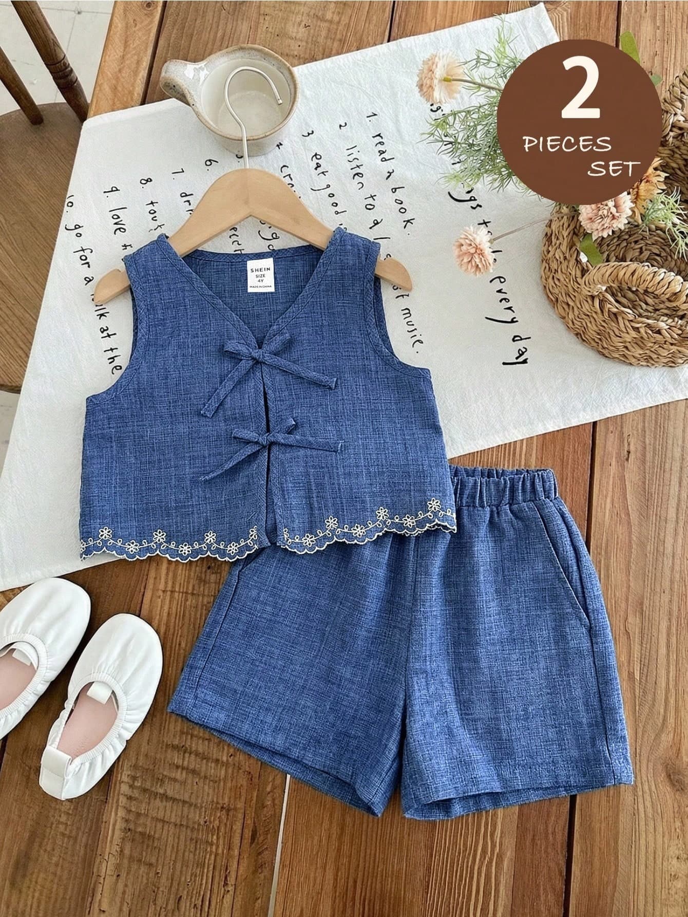 LMoss Kids LMoss 2pcs Young Girl Woven Solid Color Casual Vest And Shorts Set