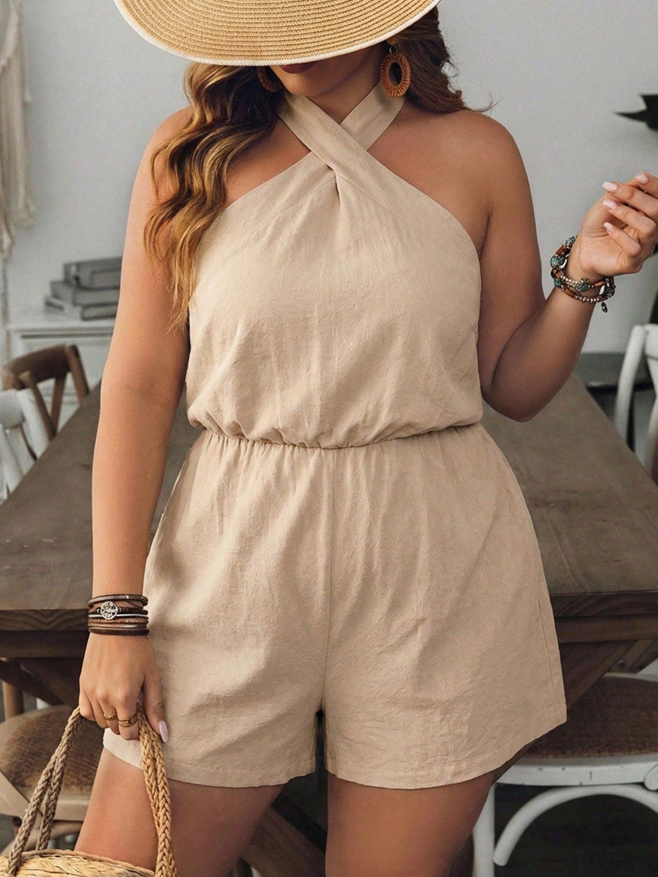 SHEIN VCAY Plus Size Casual Khaki Summer Boho Vacation Holiday Jumpsuit,Sleeveless V-Neck Asymmetric Halter Tie Back Top & Two Piece Set,Beige Tan Bow Back Set