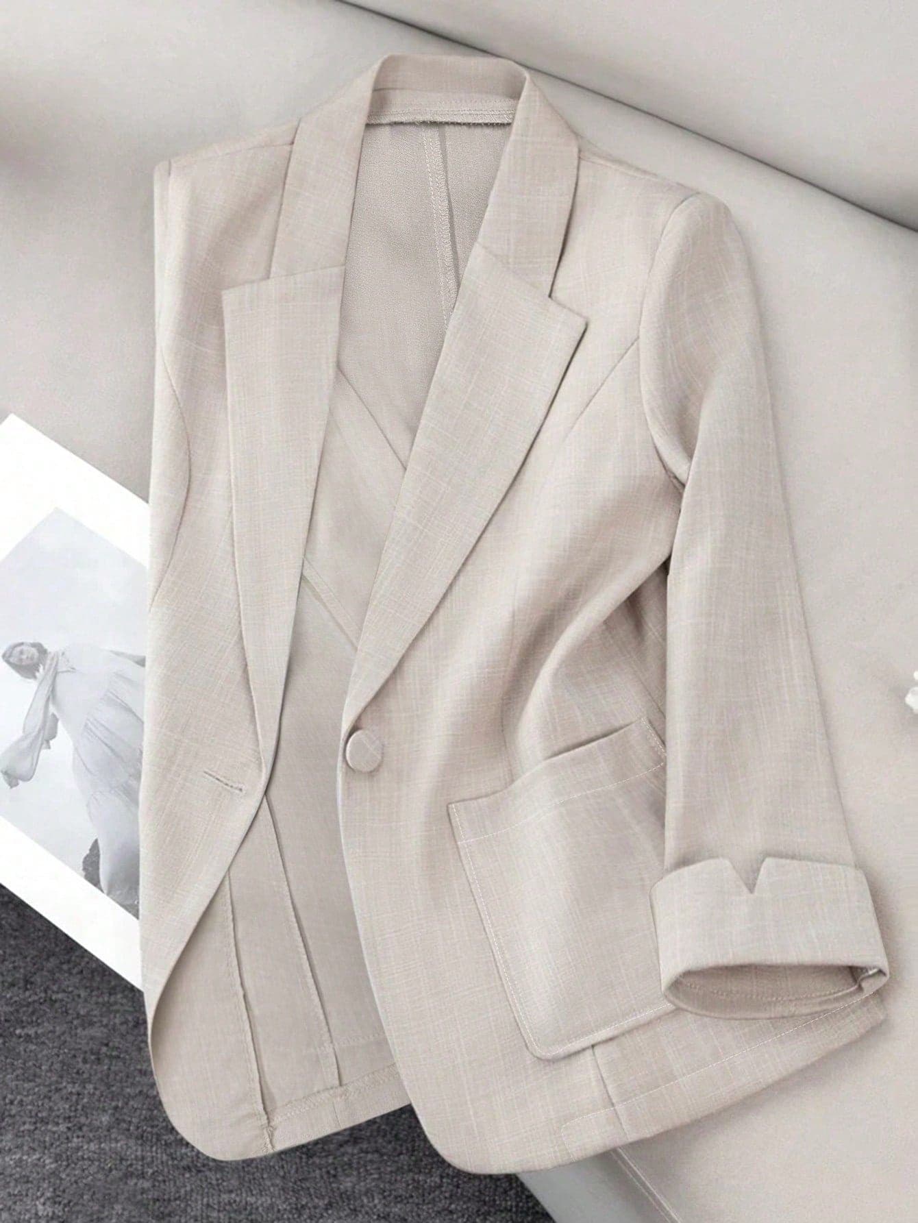 Franclia Women's Summer Beige Linen Blazer,Business Casual Office Work Blazer,Notched Collar Pocket Solid Color Elegant Formal Commuter Blazer For Party,Beach