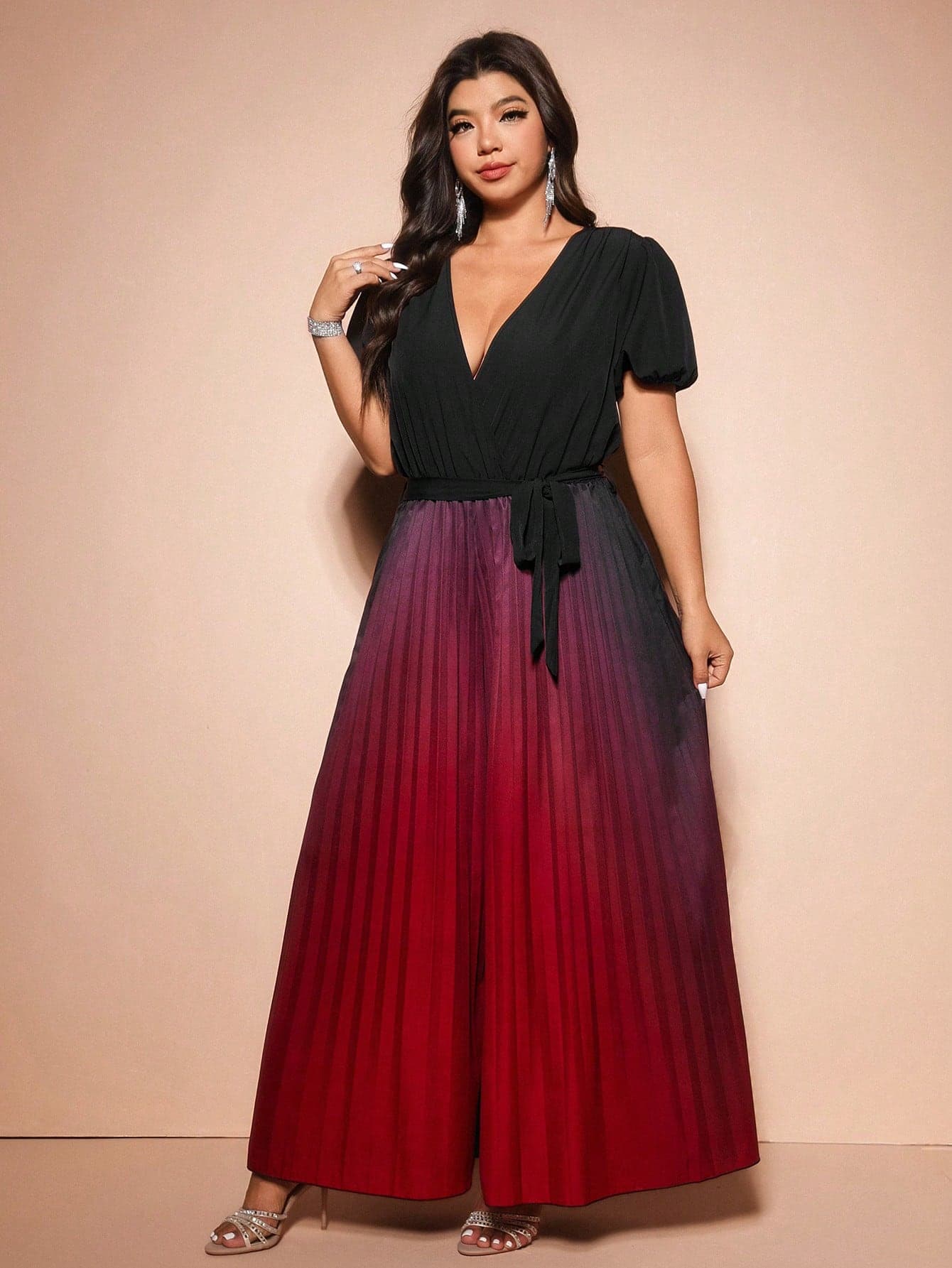Allurite Plus Size Elegant Ombre Pleated Jumpsuit Gym Brown Summer