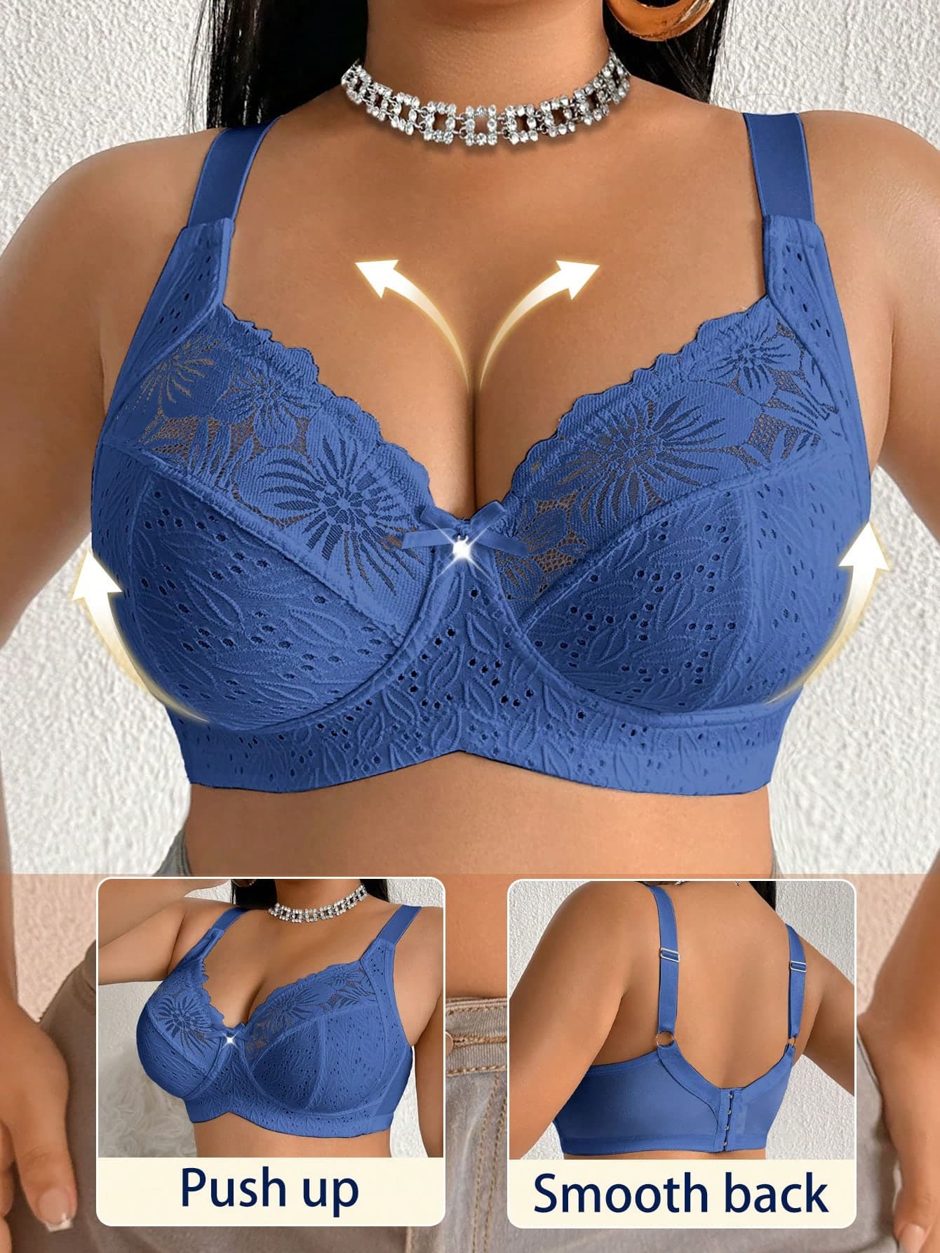 DesireSculpt 1pc Plus Size Lace Patchwork Wireless Bra