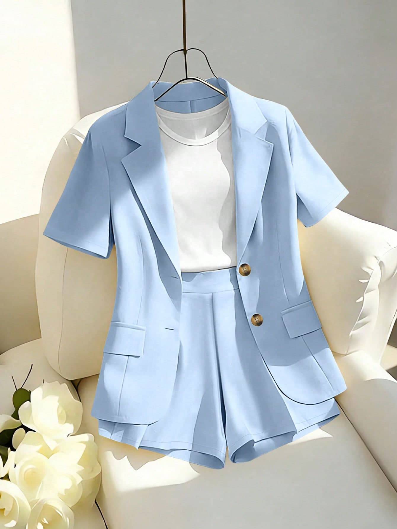 Franclia Elegant Casual Commuter Outfit, Includes Yellow Blazer Style Short Sleeve Jacket And Shorts/Wide Leg Pants Set, Women Spring/Summer