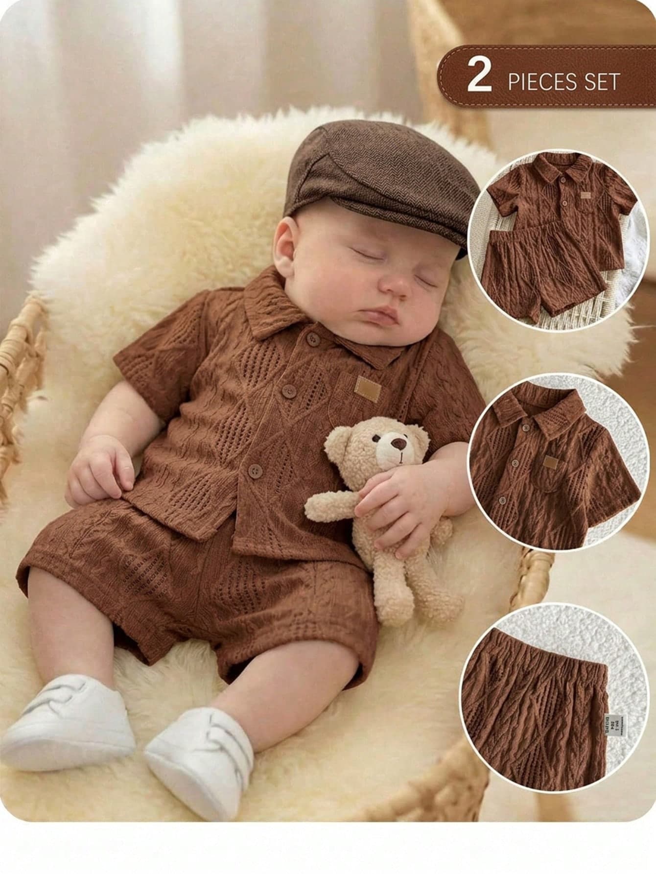 SHEIN Newborn Baby Boy Cute Casual Knit Jacquard Short Sleeve Shirt & Elastic Waist Shorts Set