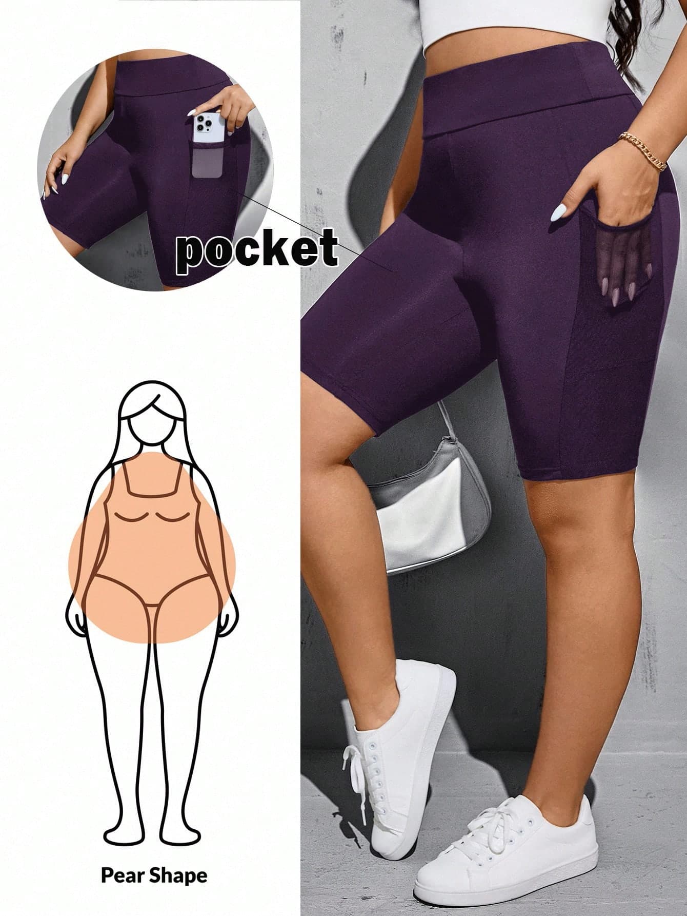 SHEIN Essnce Plus Size Women's Dark Purple Summer Casual Gym Motorcycle Shorts With Pockets,High Elasticity Fashion Curve Shorts,Street Wear Joggers Bottoms