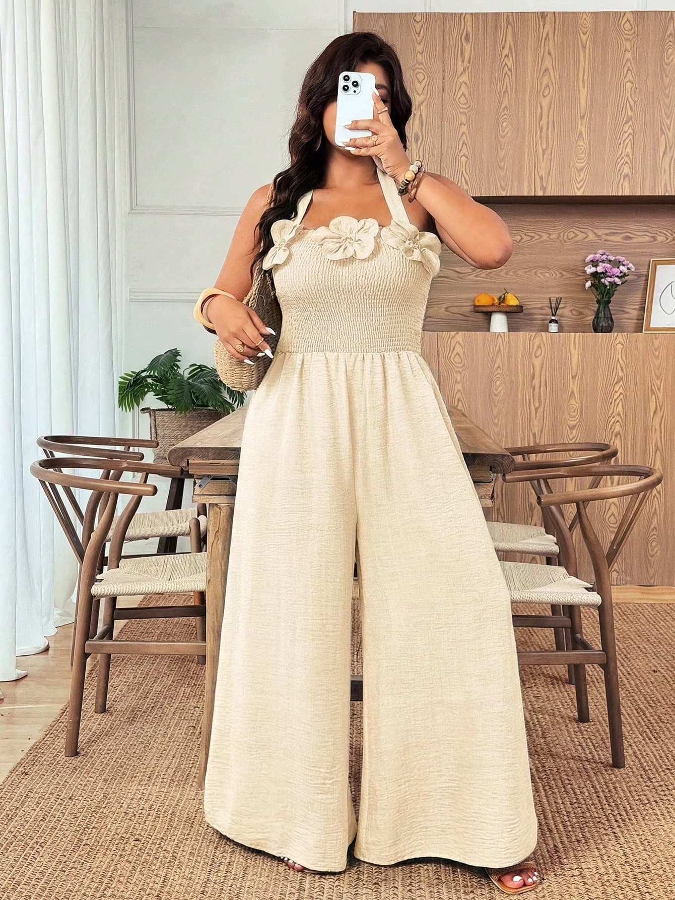 Weeklong Plus Size Women's Elegant Lightweight Vacation Halter Ruffle Blouse Paired With Elastic Waist Wide Leg Pants, Spring/Summer