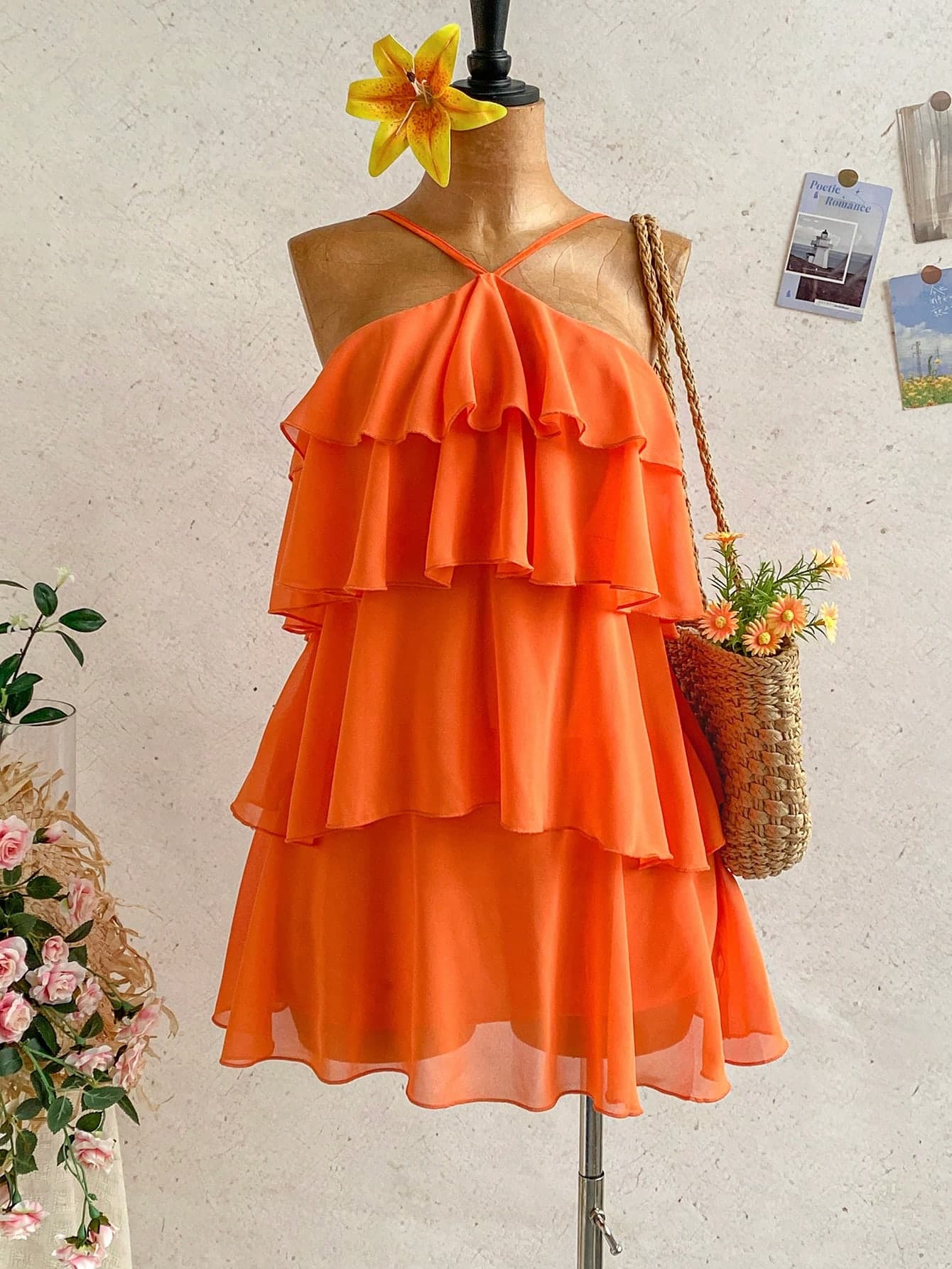 Soleia Burnt Orange Summer Boho Holiday Vacation Elegant Backless Multi-Layer Ruffle Chiffon Mini Dress,Wedding Guest Solid Color Dresses For Women